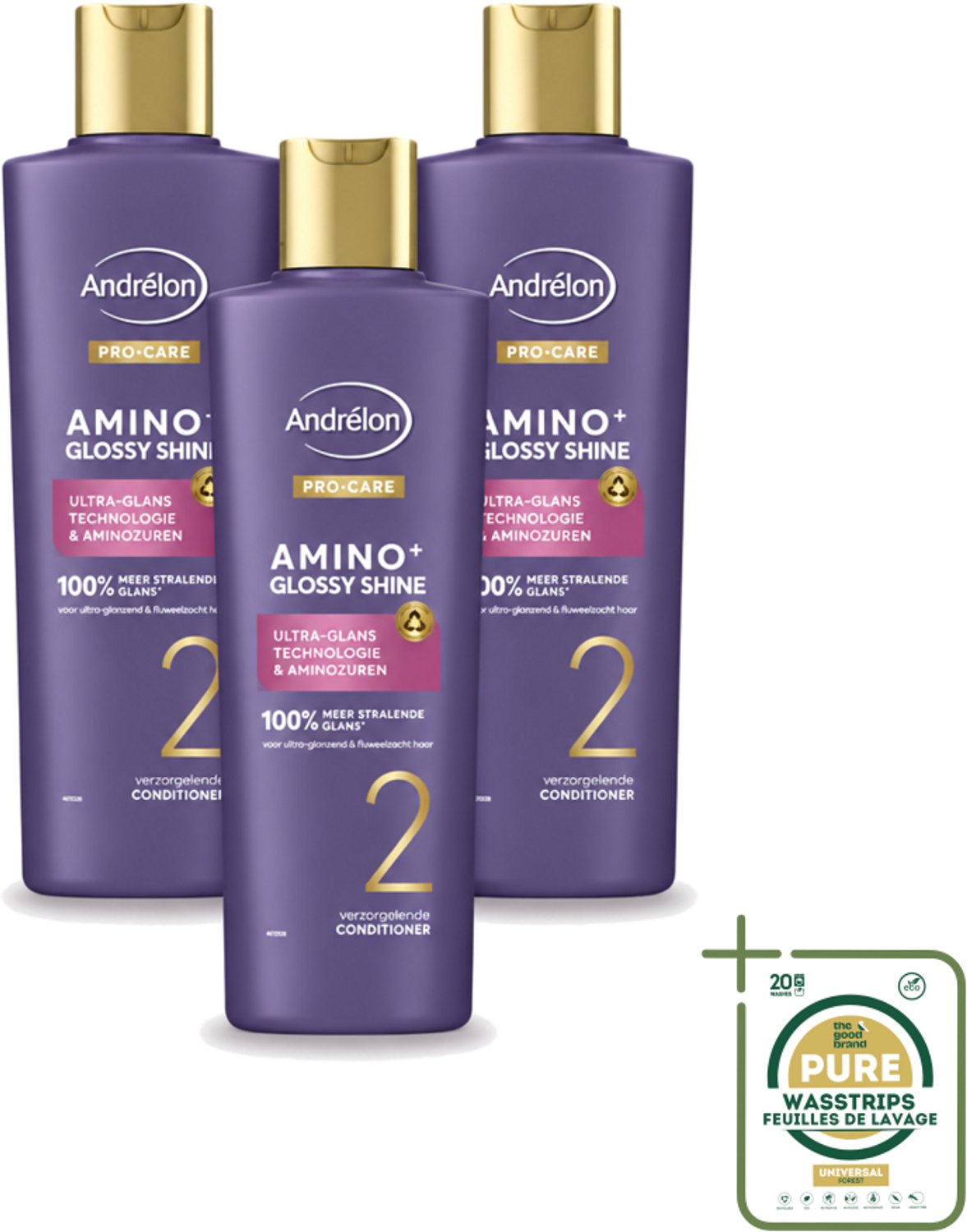 3 x Andrélon – Conditioner – Pro Care Amino+ Glossy Shine – 250 ml - Wasstrips - Haarverzorging - Glans - Aminozuren - Haarconditioner - Zijdezacht Haar