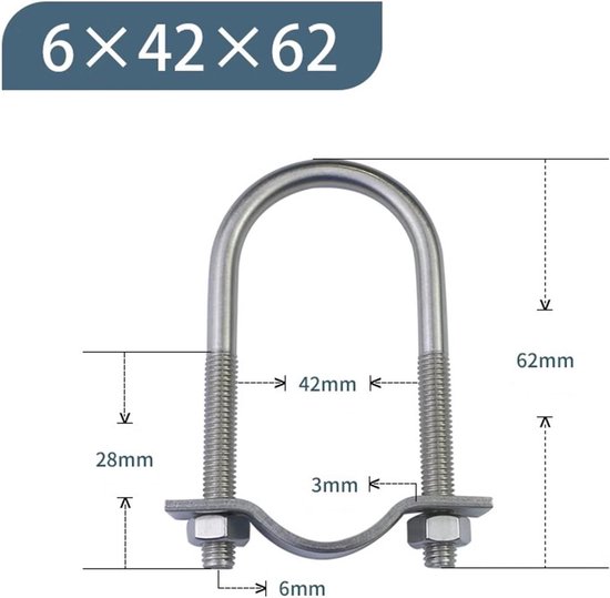 (4 stuks) 6x42x62mm U Bouten Pijpklemmen met Platen en Moeren 304 Rvs Tuble Klem Pijp Gesp — afbeelding 3