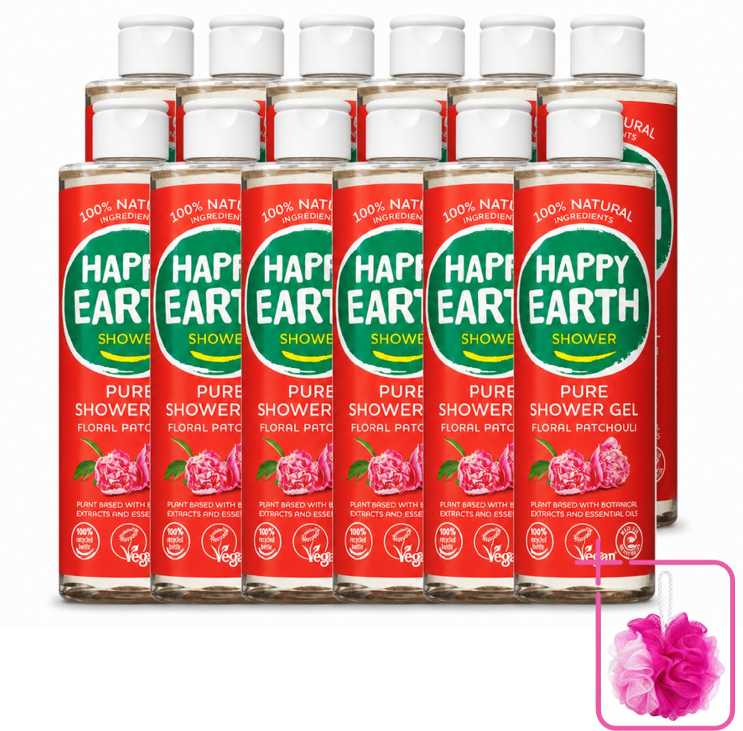 12 x Happy Earth – Douchegel – 100% Natuurlijk Floral Patchouli – 300 ml - Bulkverpakking - Douchegel - Douchemop - Natuurlijke douchegel