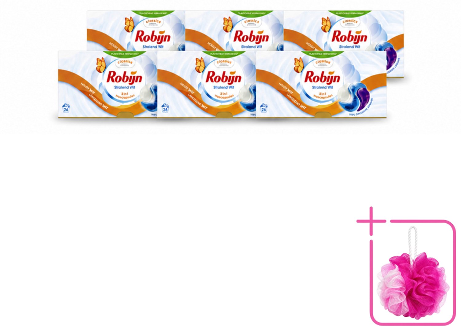 6 x Robijn – 3-in-1 Wascapsules – Stralend Wit - 26 Capsules - Bulkverpakking - Wascapsules - Douchemop - Witte was