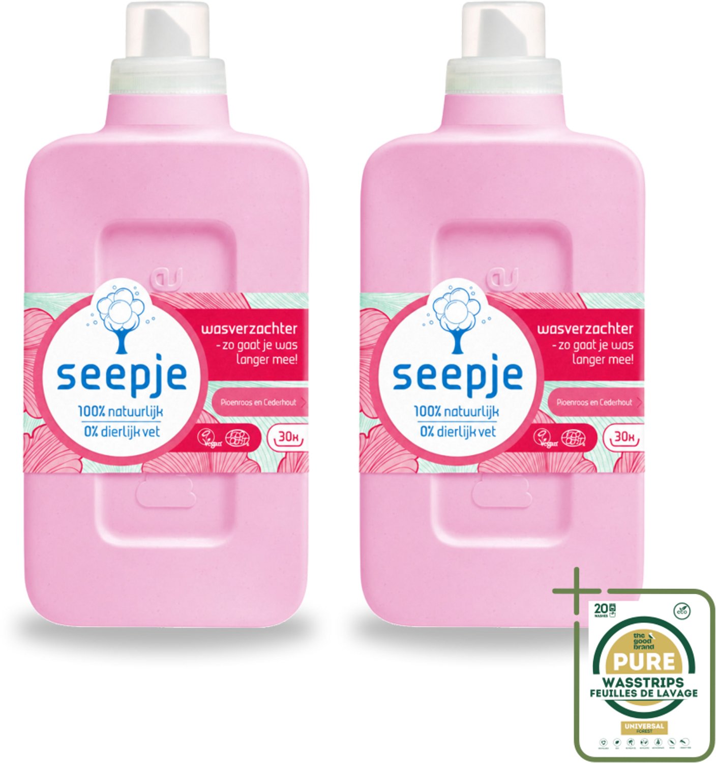 2 x Seepje - Wasverzachter - Geurige Verzorging - Pioenroos en Cederhout - 30 Wasbeurten - 750 ml - Wasstrips - Wasverzachter - Natuurlijke Wasverzachter - Pioenroos En Cederhout - Wasverzachter Pioenroos - Wasverzachter Cederhout