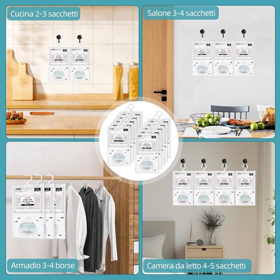 10 stuks ontvochtigingszakken voor kast, met haken, tot 500 ml per zak om vocht en schimmel te verwijderen, ideaal voor kasten, kelder, badkamer, keuken, bijkeuken, huis, camper — afbeelding 2