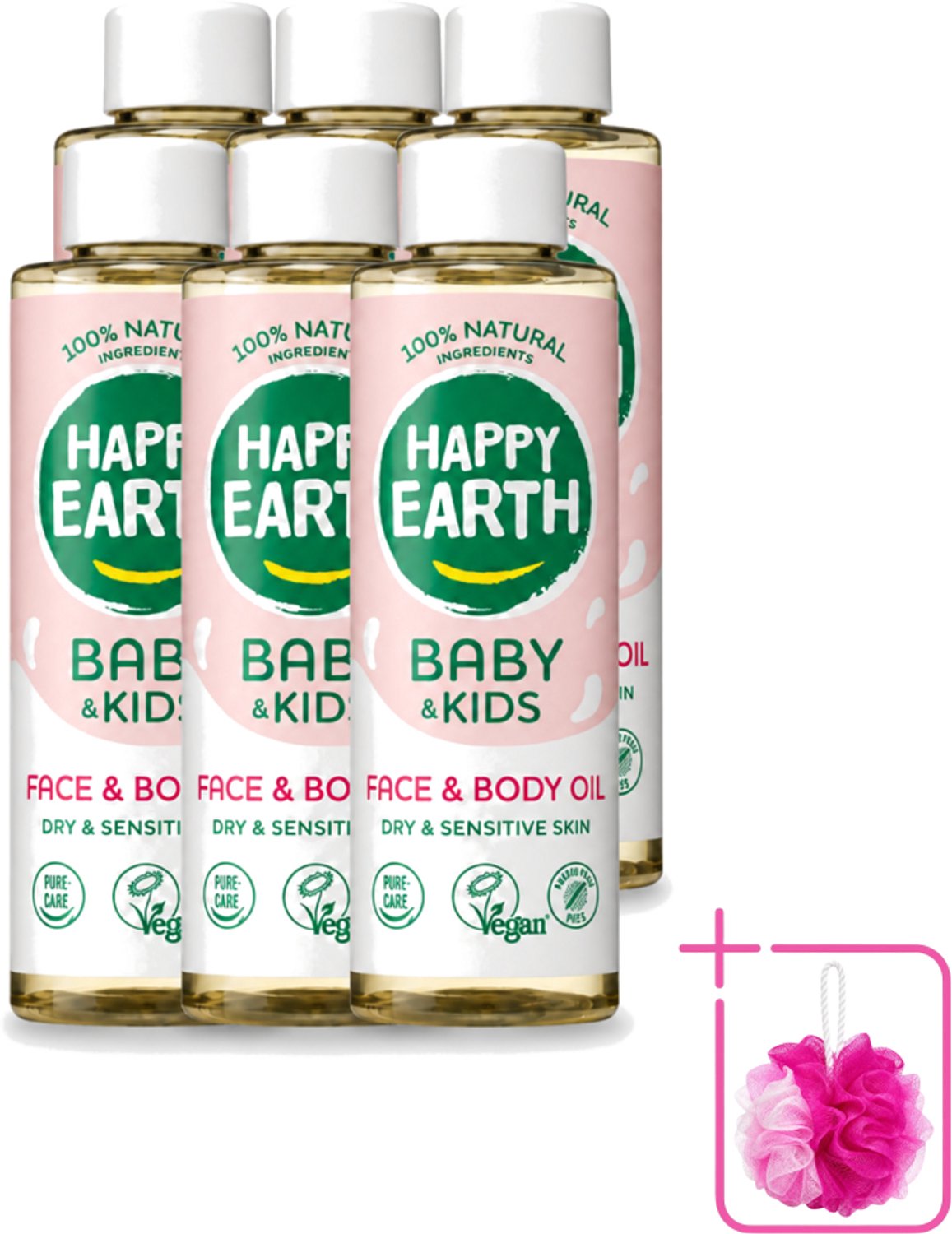 6 x Happy Earth – Face & Body Oil – 100% Natuurlijk Baby & Kids – 150 ml - Bulkverpakking - Babyolie - Douchemop - Gezichtsolie