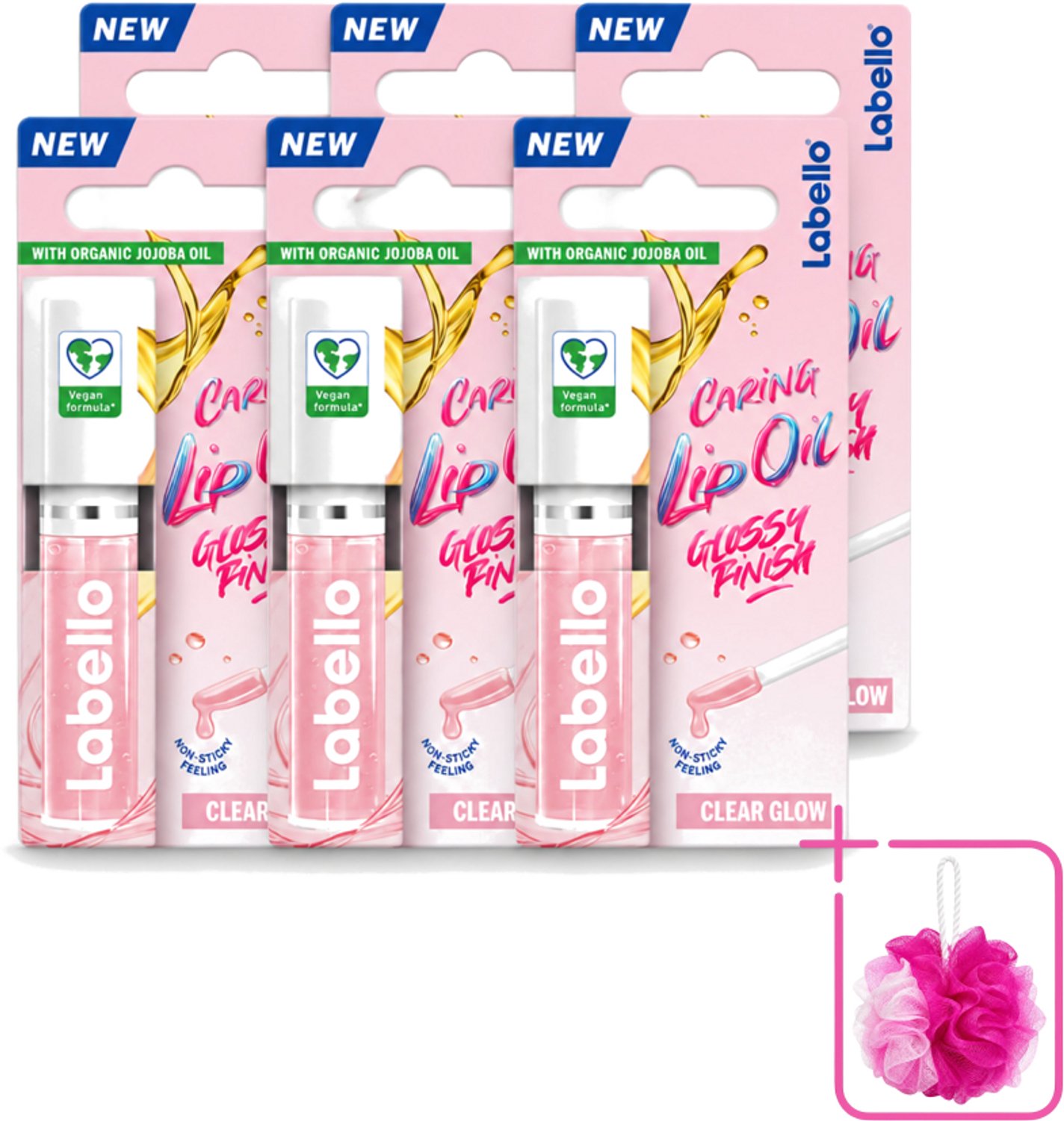6 x Labello –Caring Lip Oil – Clear Glow – 5,5 ml - Bulkverpakking - Lippenbalsem - Douchemop - Lipolie