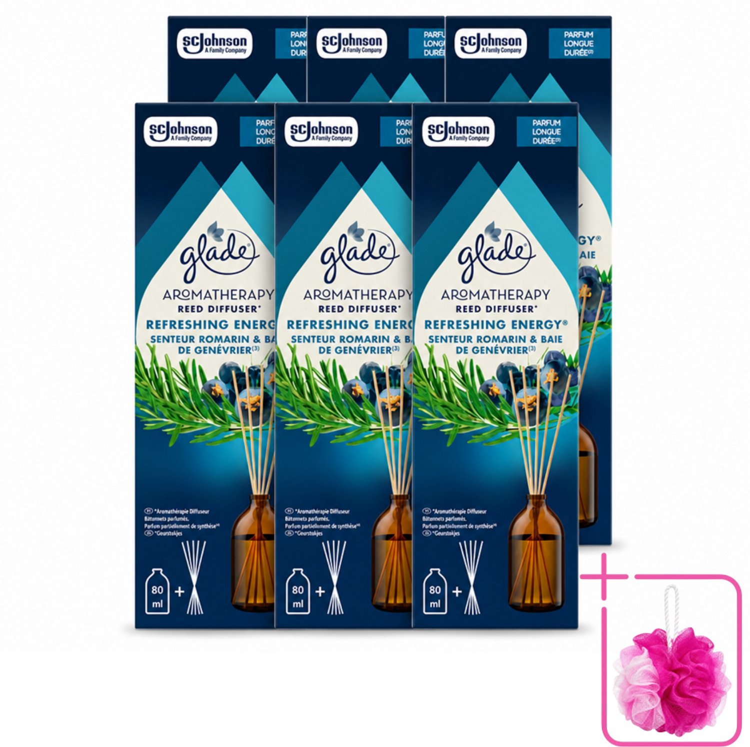 6 x Glade - Geurstokjes Verfrissende Energie - Aromatherapie Geurverspreiding - 80 ml - Bulkverpakking - Geurstokjes - Douchemop - Energie