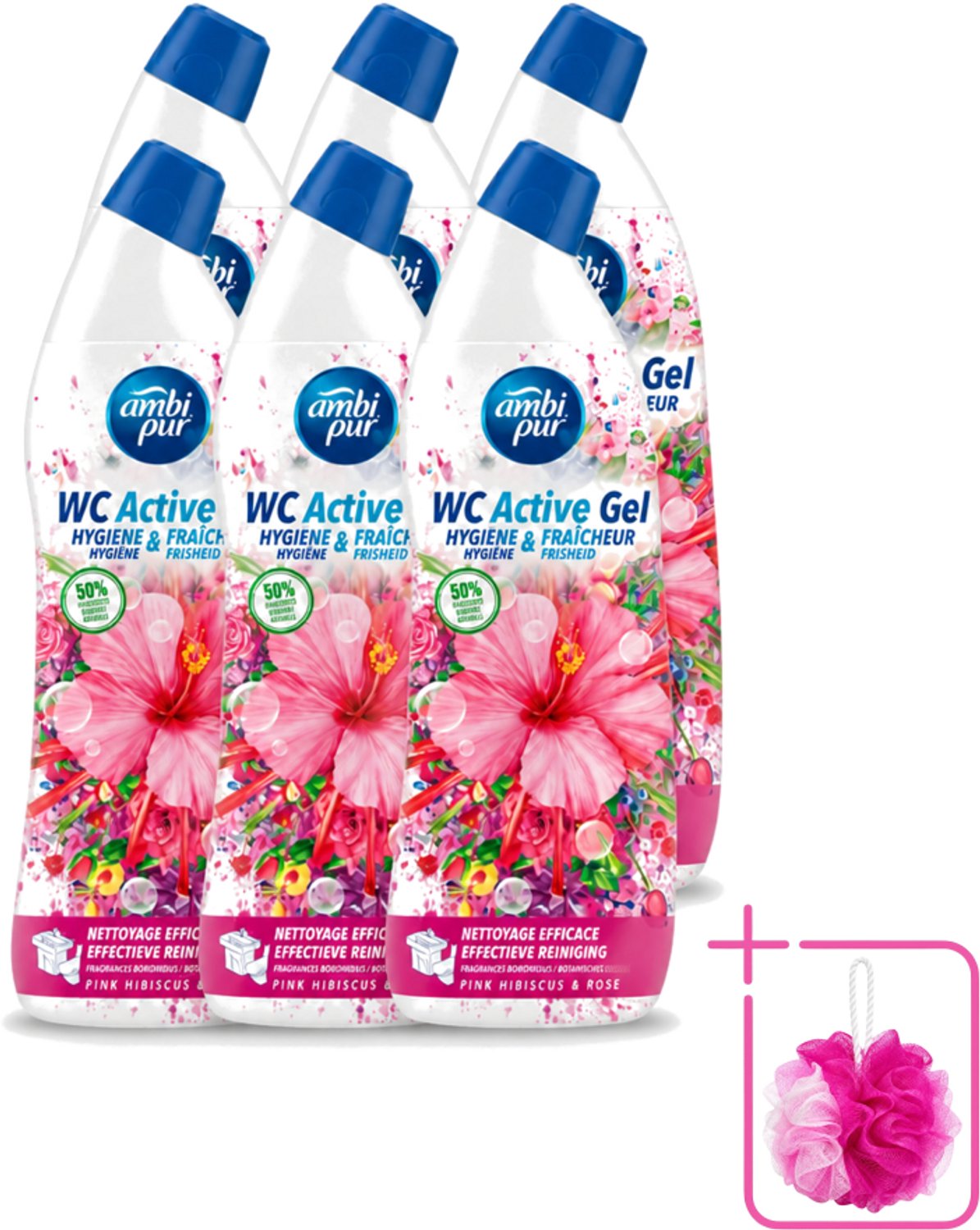 6 x Ambi Pur - Toiletreiniger - WC Active Gel - Hibiscus & Roos - 750 ml - Bulkverpakking - Toiletreiniger - Douchemop - Wc reinigen