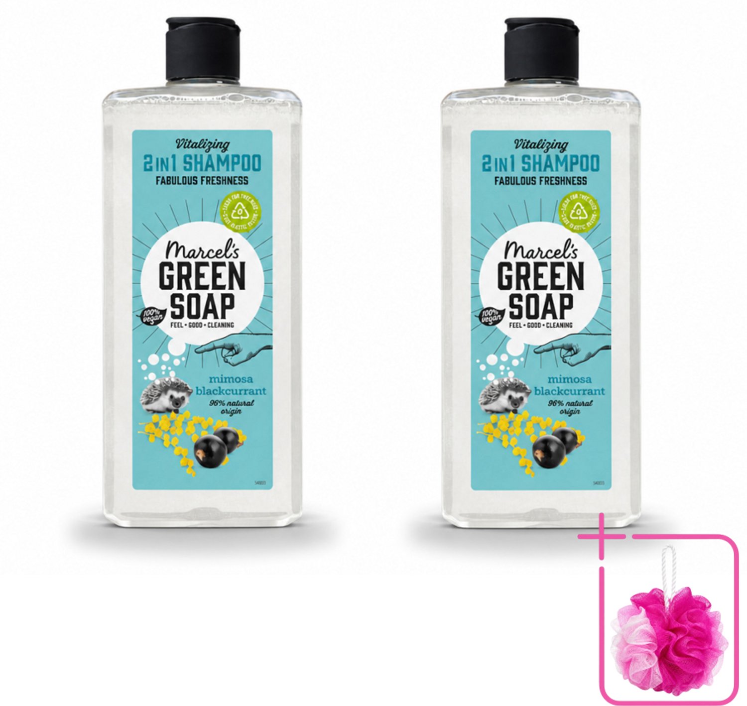 2 x Marcel's Green Soap - Shampoo & Conditioner 2-in-1 - Mimosa & Black Currant - Verzorging in één - 300 ml - Bulkverpakking - Haarverzorging - Douchemop - Natuurlijke shampoo