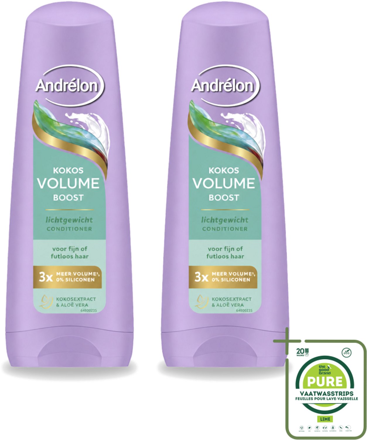 2 x Andrélon – Conditioner – Volume Boost – 200 ml - Grootverpakking - Vaatwasstrips - Volume Boost Haar - Kokos Conditioner - Futloos Haar - Luchtig Haar - Volume Haar