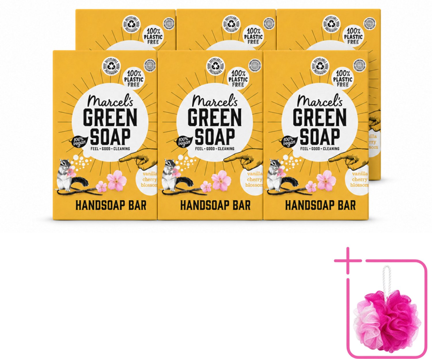 6 x Marcel's Green Soap - Handzeep Bar - Vanille & Cherry Blossom - Krachtige werking - 90 gr - Bulkverpakking - Handzeep bar - Douchemop - Plasticvrije handzeep