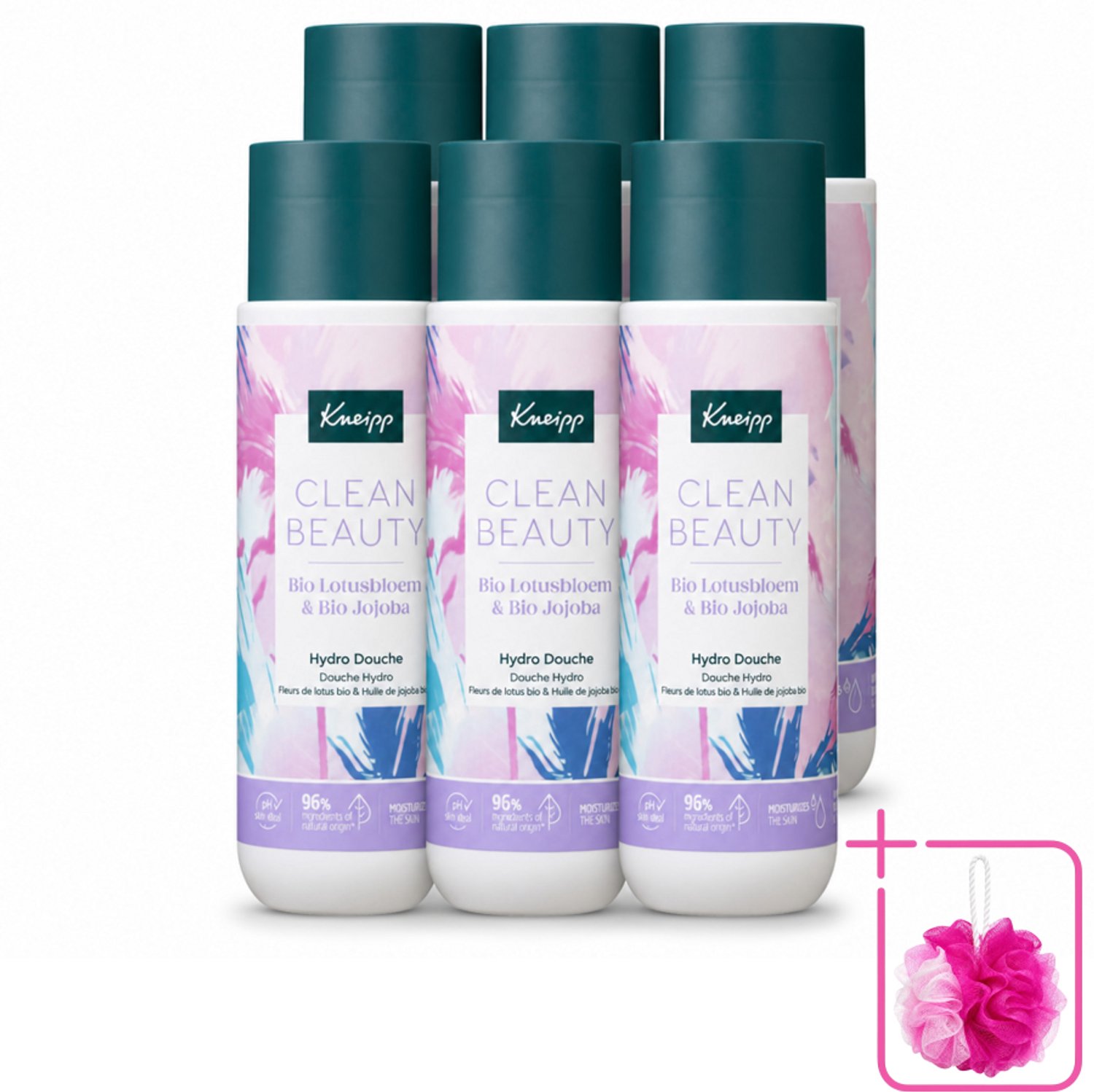 6 x Kneipp - Douchegel - Clean Beauty - Lotus & Jojoba - 200 ml - Bulkverpakking - Douchegel - Douchemop - Natuurlijke reiniging