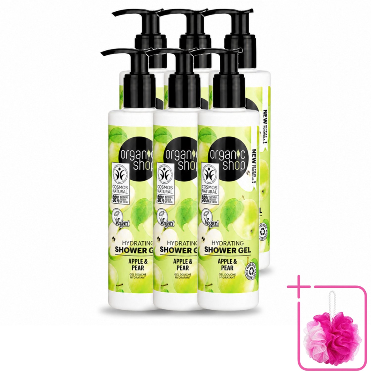 6 x Organic Shop - Douchegel Apple & Pear - Verfrissend en Hydraterend - 280 ml - Bulkverpakking - Douchegel - Douchemop - Natuurlijke douchegel