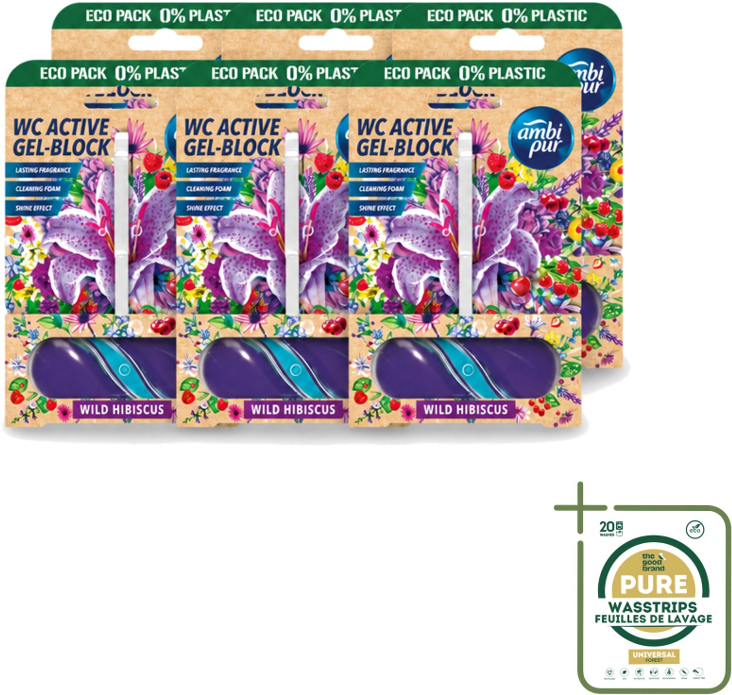 6 x Ambi Pur – Toiletblok – Wild Hibiscus – 45 g - Wasstrips - Toiletblok - Fris Toilet - Toiletverfrisser - Geur In Badkamer - Kalkaanslag Voorkomen