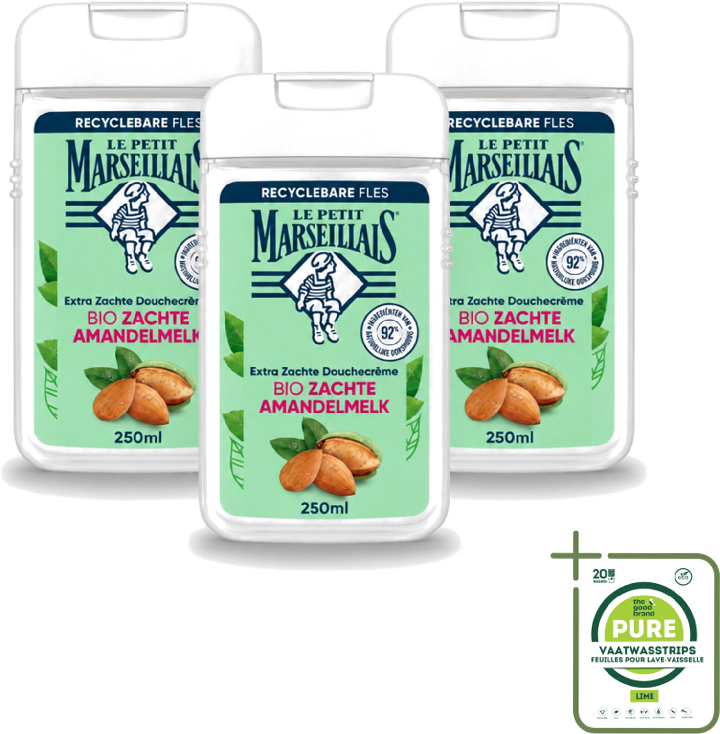 3 x Le Petit Marseillais – Douchecrème – Zoete Amandel – Hydraterend – 250 ml - Grootverpakking - Vaatwasstrips - Douchecrème - Amandel - Hydraterend - Voedend - Zachte Reiniging