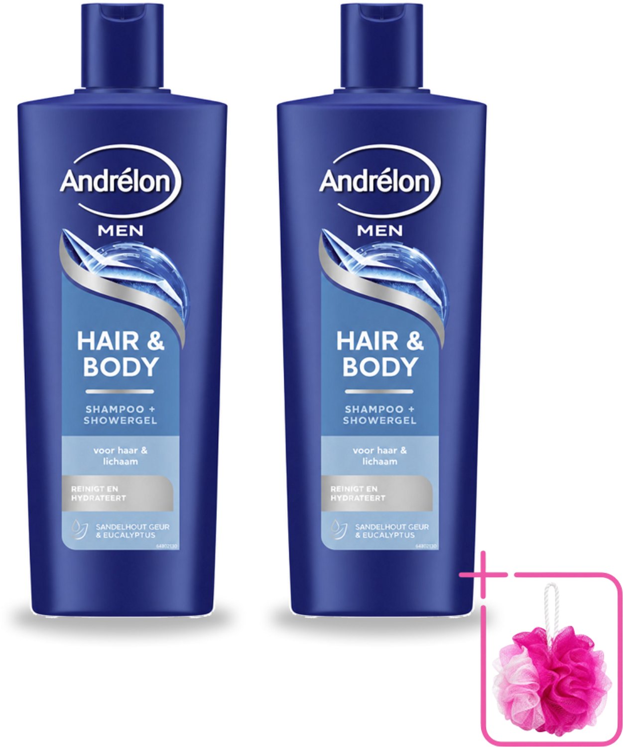 2 x Andrélon – Shampoo – Hair & Body Men – 400 ml - Bulkverpakking - Mannelijke haar en huid verzorging - Douchemop - 2-in-1 shampoo en showergel