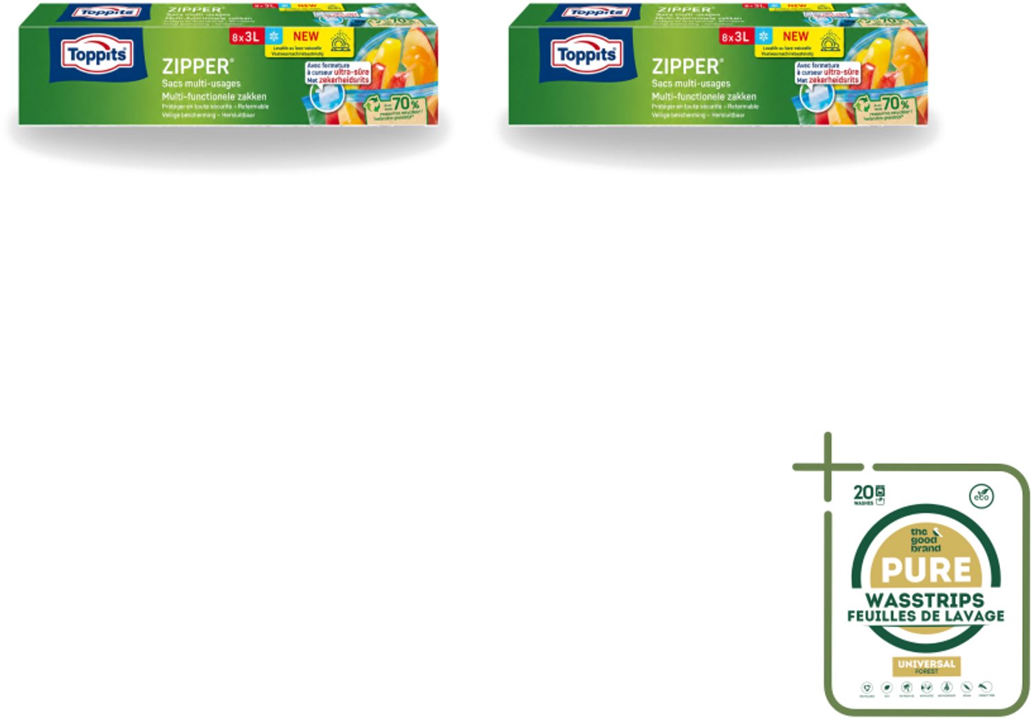 2 x Toppits – Zipper Multifunctionele Zakken – 3 Liter – 8 Zakjes - Wasstrips - Zipper Zakken - Lekvrij - Herbruikbaar - Marineren - Bewaren