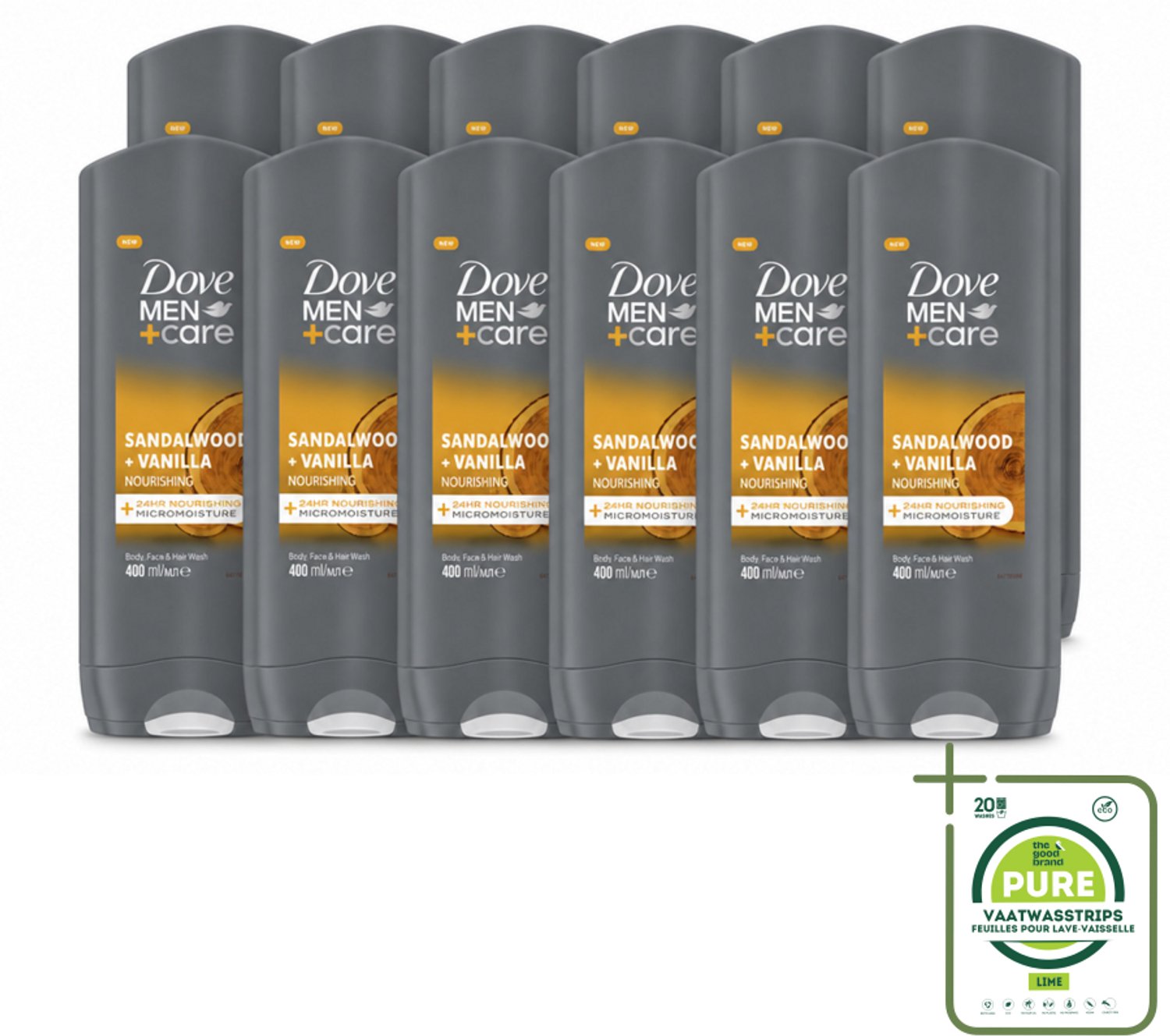 12 x Dove – Douchegel – Men+Care Sandalwood & Vanilla – 400 ml - Grootverpakking - Vaatwasstrips - Douchegel Mannen - Reiniging Mannenhuid - Hydraterende Douchegel - Sandelhout Geur - Vanille Geur