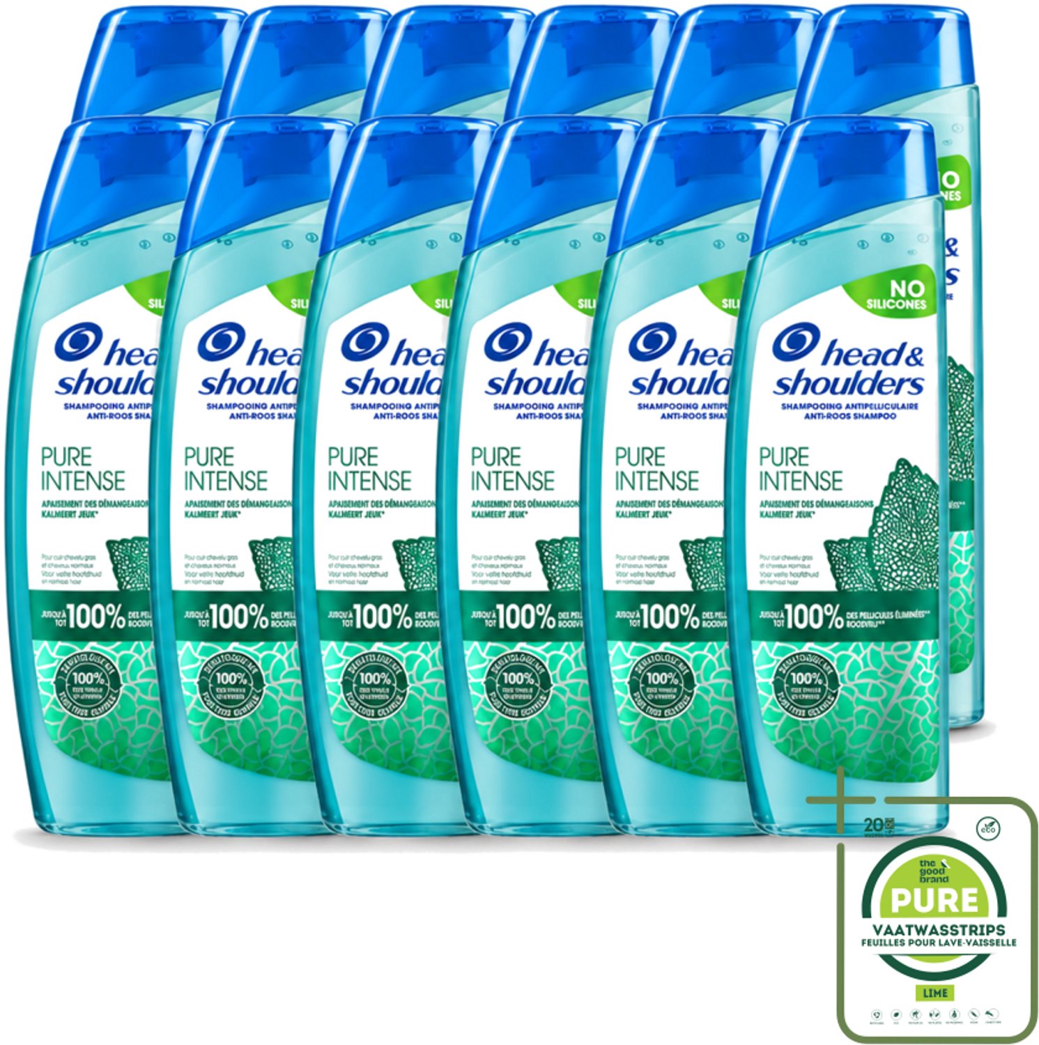 12 x Head & Shoulders – Shampoo – Pure Intense Kalmeert Jeuk – 250 ml - Grootverpakking - Vaatwasstrips - Anti-roos Shampoo - Shampoo Bij Jeukende Hoofdhuid - Pepermunt Shampoo - Siliconenvrije Shampoo - Roosvrije Shampoo