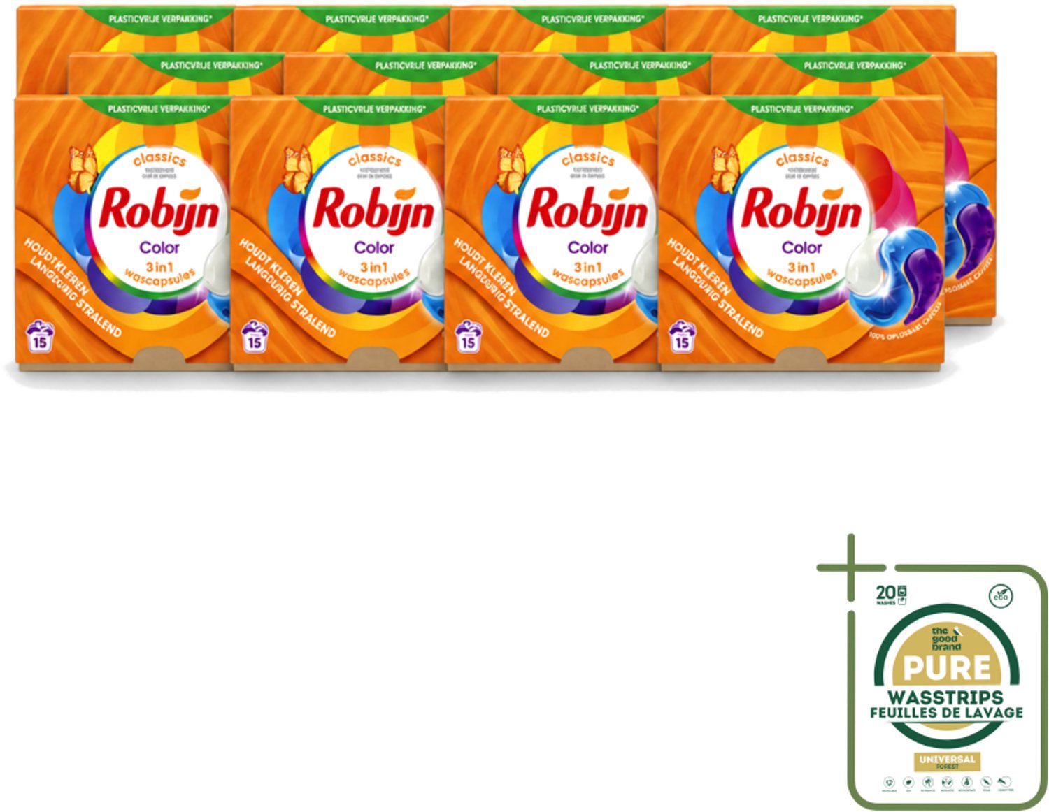 12 x Robijn – 3-in-1 Wascapsules – Color – 15 capsules - Wasstrips - Kleurbehoud - Wascapsules - Wasverzachter - Wasgeur - Biologisch Afbreekbaar
