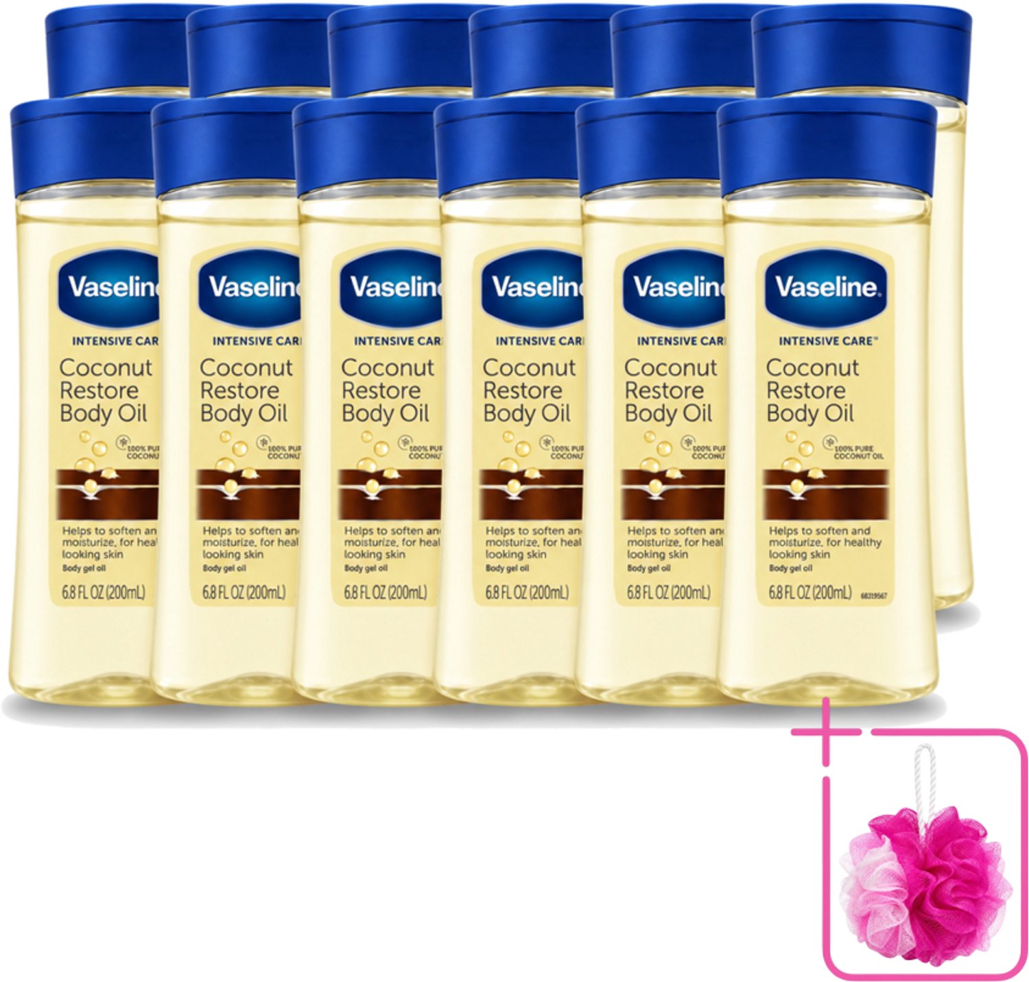 12 x Vaseline – Body Oil – Coconut Restore – 200 ml - Bulkverpakking - Lichaamsolie - Douchemop - Hydraterende olie