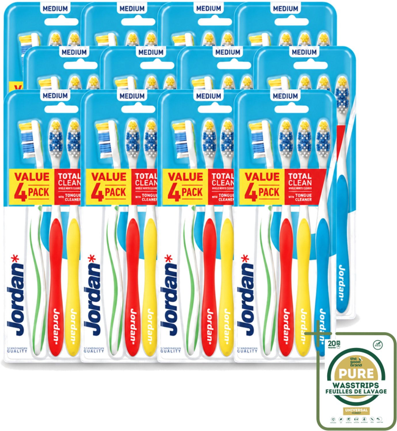 12 x Jordan - Total Clean - Tandenborstels Medium - 4 Tandenborstels - Tandenborstel - Mondhygiëne - Tandenborstels - Tandenborstel Set - Tandenborstel Medium