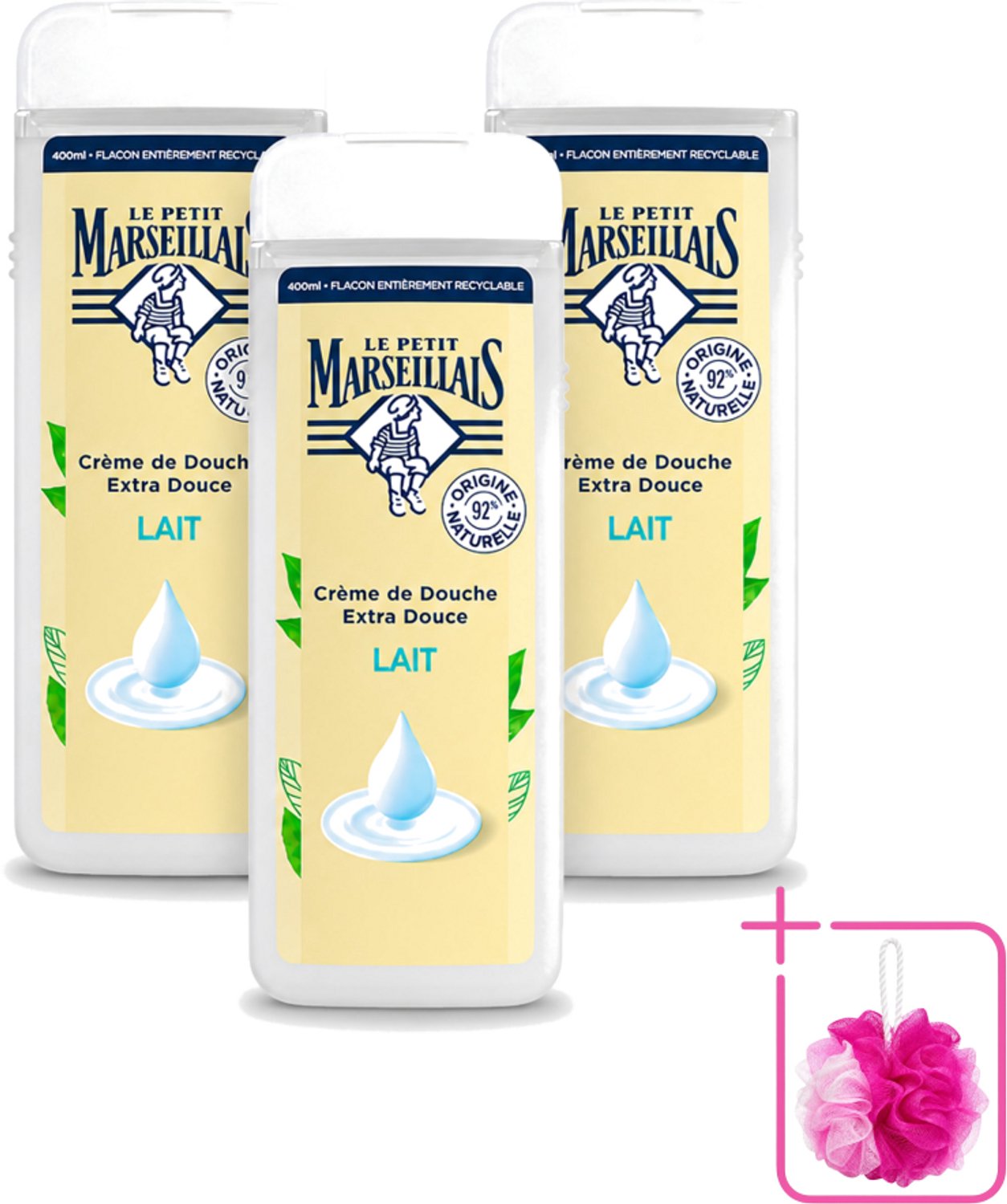3 x Le Petit Marseillais – Douchecrème – Lait – 400 ml - Bulkverpakking - Douchecrème - Douchemop - Huid verzorging