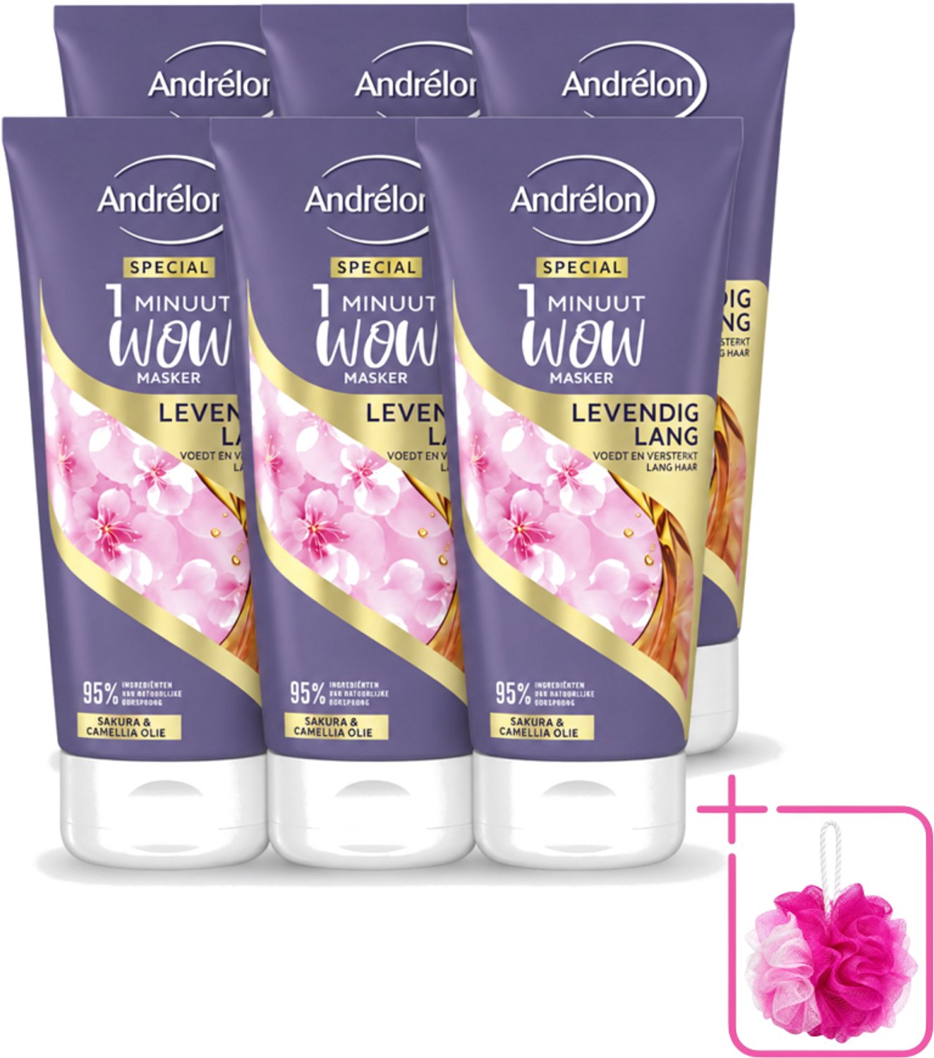 6 x Andrélon - 1 Minuut Wow Haarmasker - Levendig Lang - 180 ml - Bulkverpakking - 1 minuut masker - Douchemop - Lang haar masker