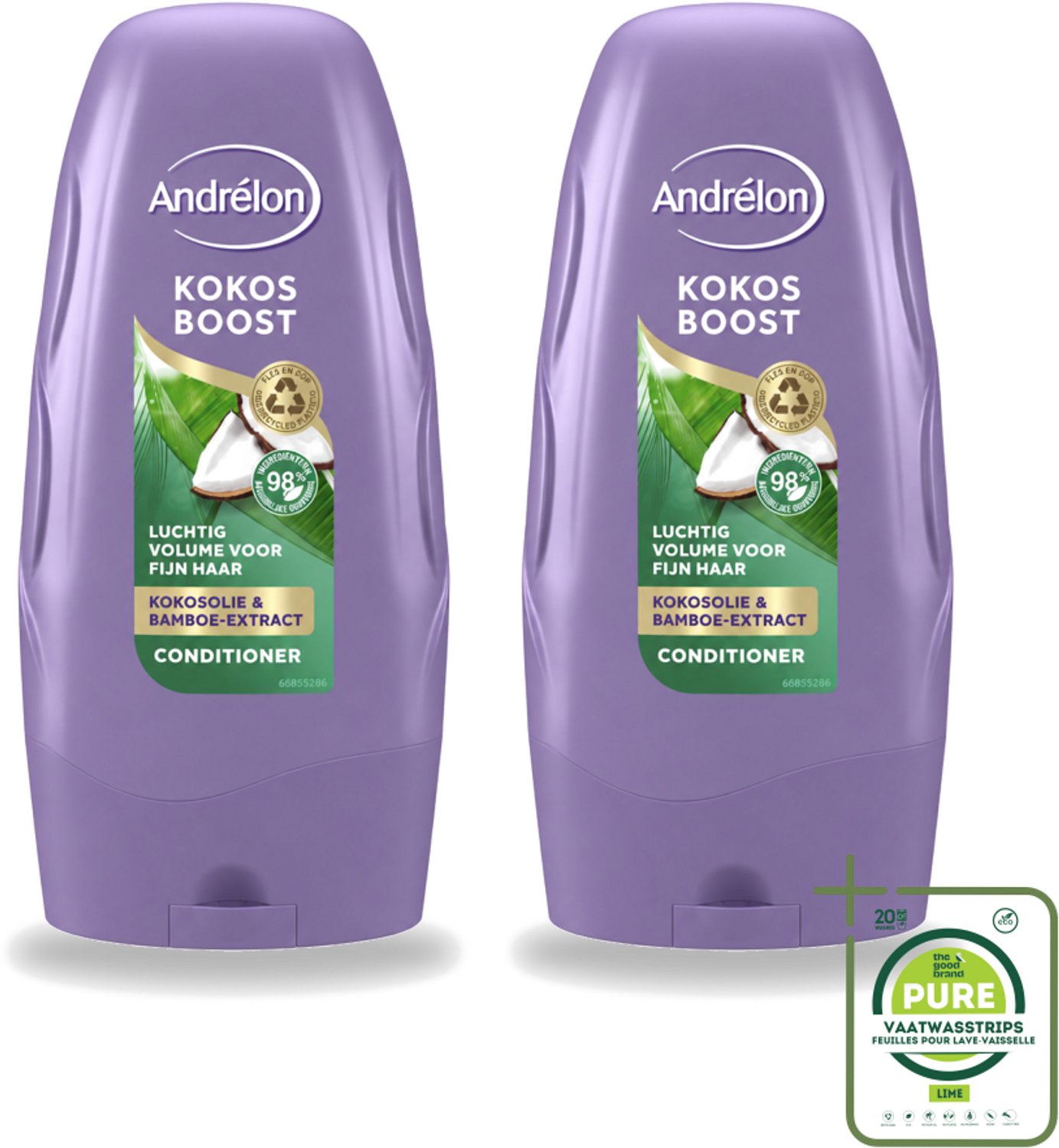 2 x Andrélon - Kokos Boost - Conditioner - Intensieve Voeding - 250 ml - Grootverpakking - Vaatwasstrips - Conditioner Voor Fijn Haar - Kokosolie Conditioner - Volume Voor Haar - Voeding Voor Haar - Bamboe-extract Conditioner