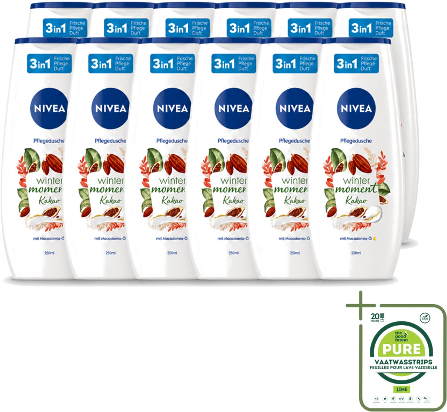 12 x Nivea - Douchegel - Winter Moment Cacao - 250 ml - Grootverpakking - Vaatwasstrips - Douchegel Winter - Verzorgende Douchegel - Cacao Douchegel - Huid Verzorging - Winter Douchegel