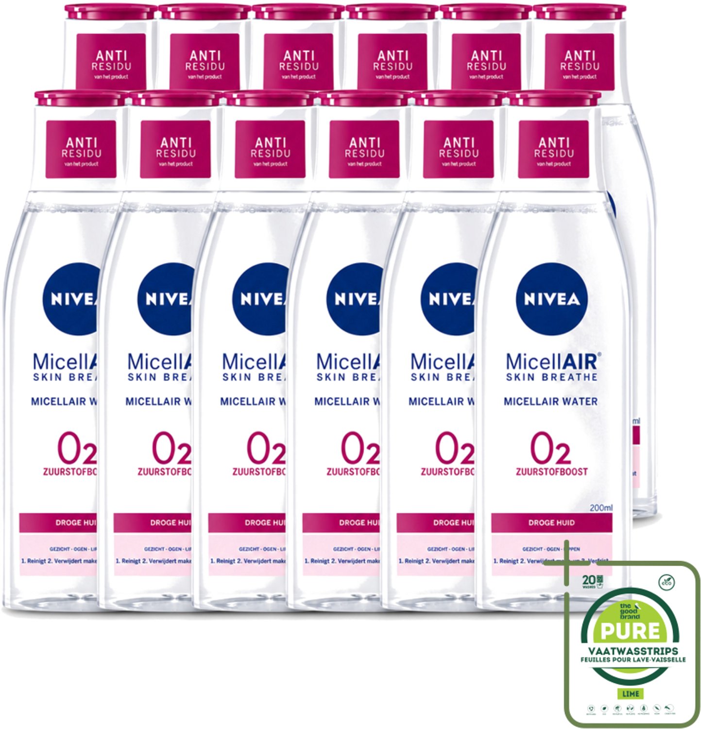 12 x Nivea - O2 Zuurstofboost Micellair Water - Droge Huid - 200 ml - Grootverpakking - Vaatwasstrips - Micellair Water - Droge Huid - Zuurstofboost - Reiniging - Hydratatie