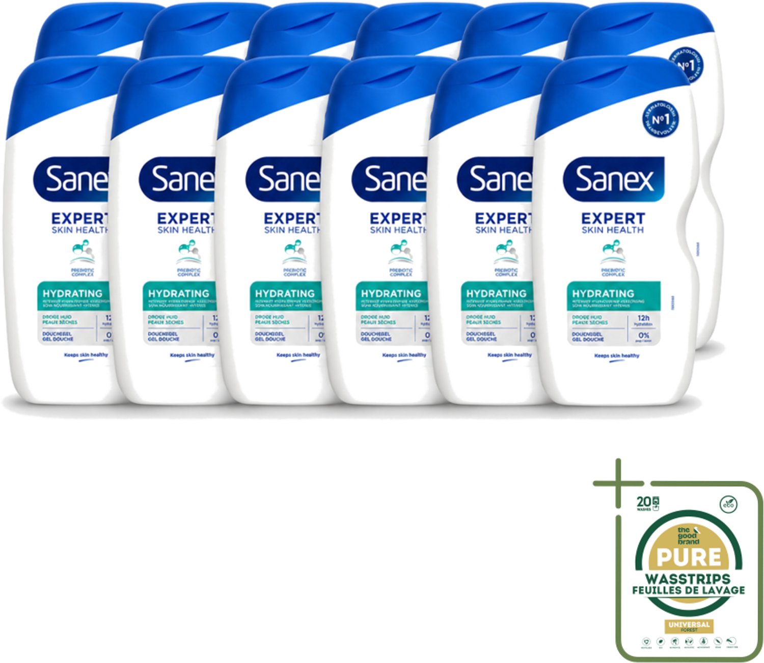12 x Sanex - Douchegel - Expert Skin Health Hydrating - Hydrateert de Huid - 400 ml - Wasstrips - Douchegel - Huidverzorging - Hydratatie - Glycerine - Inuline