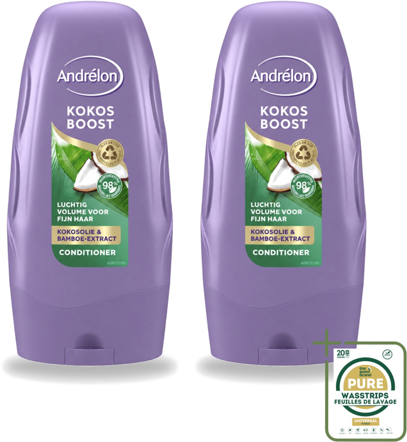 2 x Andrélon - Kokos Boost - Conditioner - Intensieve Voeding - 250 ml - Wasstrips - Fijn Haar - Volume - Voeding - Kokosolie - Bamboe-extract