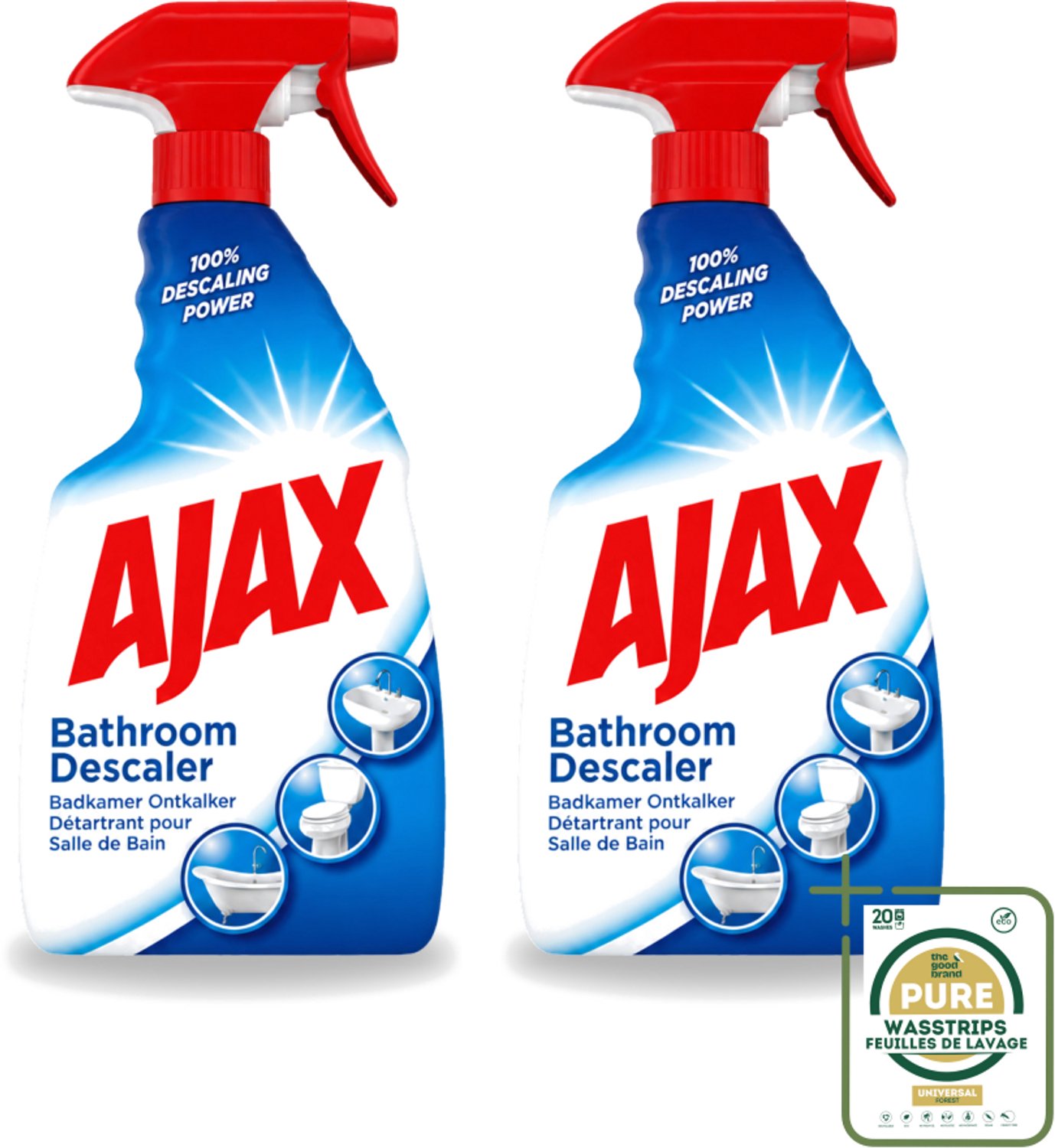2 x Ajax - Badkamer Ontkalker Spray - Verwijdert Hardnekkig Kalk - 750 ml - Wasstrips - Badkamer Ontkalker - Ontkalker Spray - Hardnekkig Vet Verwijderen - Kalkaanslag Verwijderen - Badkamer Reinigen