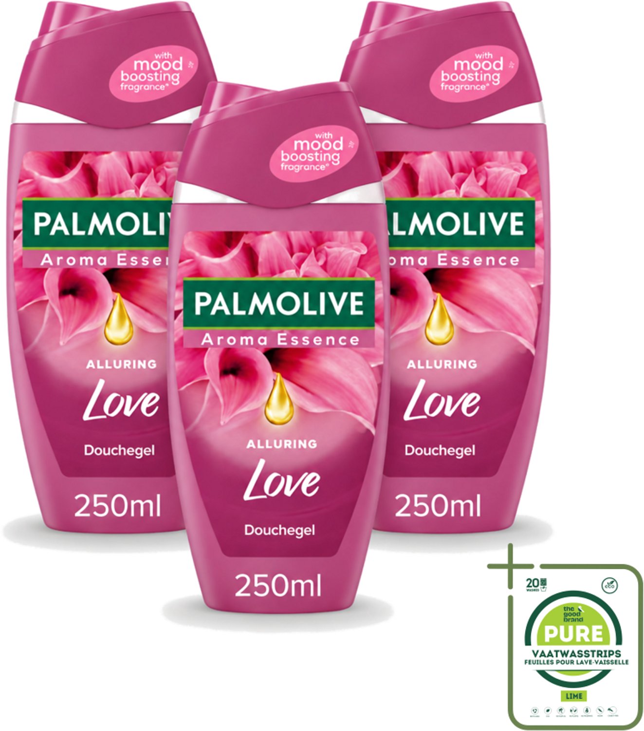 3 x Palmolive - Douchegel - Alluring Love - Aroma Essence - 250 ml - Grootverpakking - Vaatwasstrips - Douchegel - Geur - Hydratatie - Verzorging - Bloemige Geur
