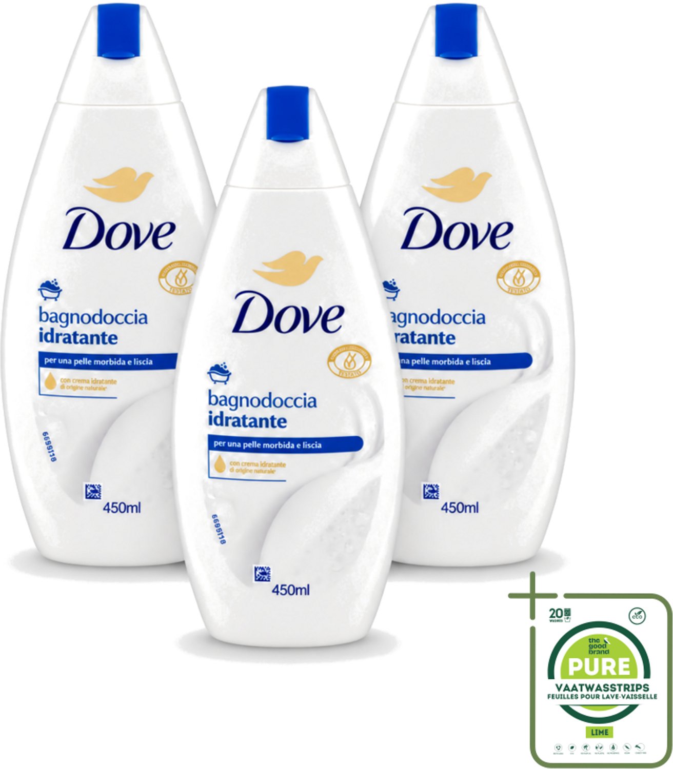 3 x Dove – Douchegel – Hydraterend – 450 ml - Grootverpakking - Vaatwasstrips - Douchegel Hydraterend - Huid Verzorging - Zachte Huid - Milde Douchegel - Huidbarrière