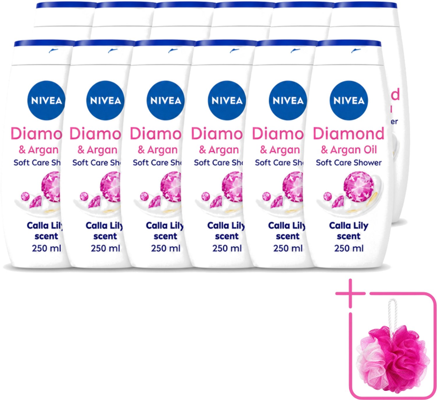 12 x Nivea - Diamond Touch Douchegel - Sensuele Leliegeur - 250 ml - Bulkverpakking - Douchegel - Douchemop - Diamantpoeder