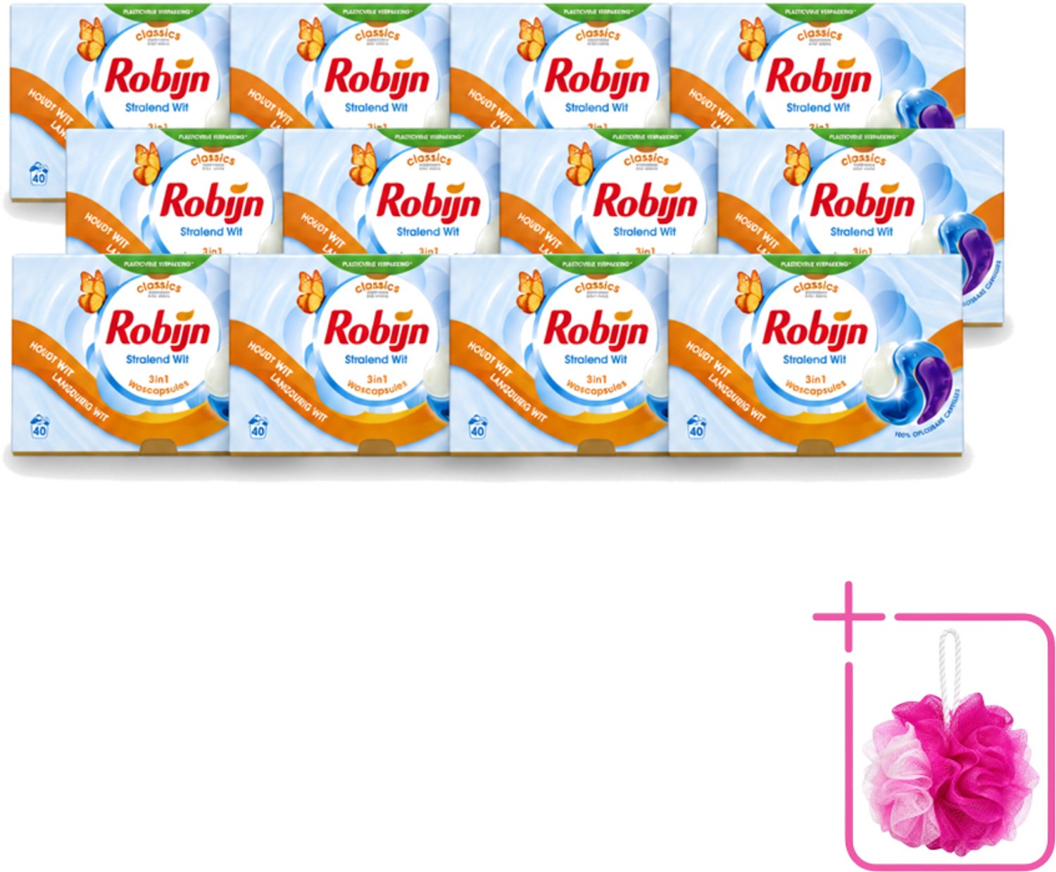 12 x Robijn - Stralend Wit - 3-in-1 Wascapsules - Houdt Langdurig Wit - 40 Wascapsules - Bulkverpakking - Wit was - Douchemop - Wascapsules