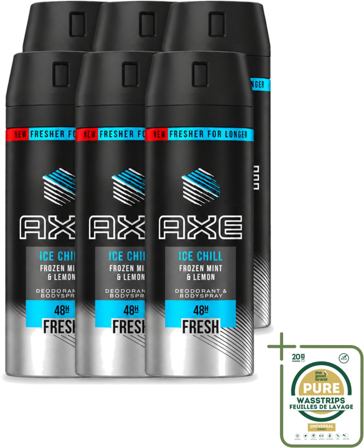 6 x Axe - Deodorant Bodyspray - 48hrs Fresh - Ice Chill - Frozen Mint & Lemon - 150 ml - Wasstrips - Axe Ice Chill - Deodorant Bodyspray - 48h Fresh - Bevroren Munt En Citroen - Geurbestrijding