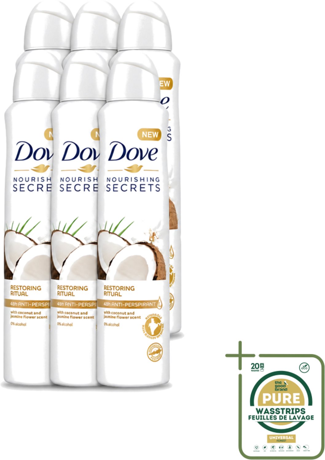 6 x Dove - Deodorant - Coconut & Jasmine Flower - Tropisch en verzorgend - 250 ml - Wasstrips - Dove Deodorant - Kokos En Jasmijn - Anti-transpirant Spray - Verzorgende Deodorant - Geur Van Kokos En Jasmijn