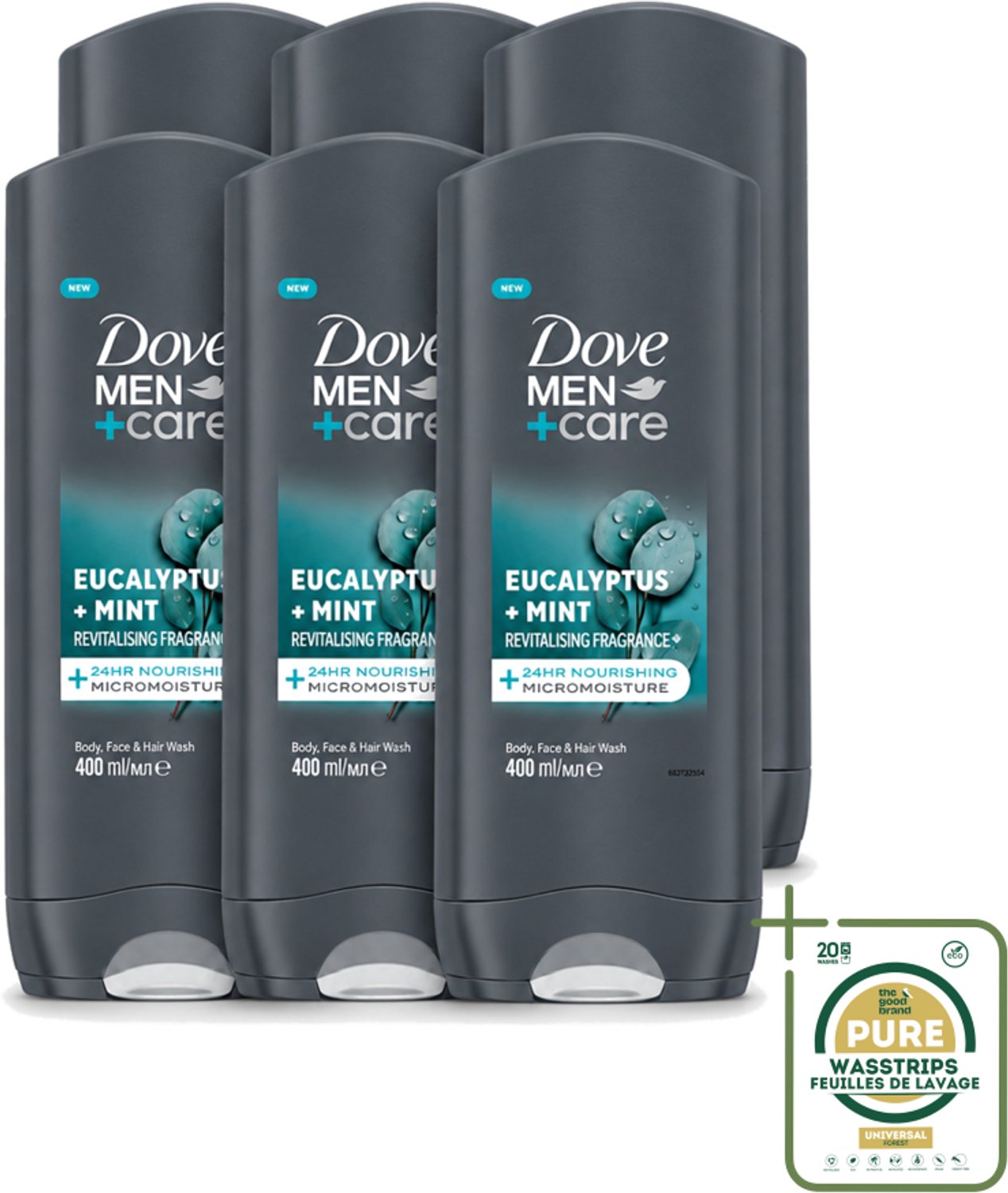 6 x Dove - Douchegel - Men+ Care Eucalyptus + Mint - Verfrissend en kalmerend - 400 ml - Wasstrips - Douchegel Mannen - Eucalyptus Mint - Hydratatie Huid - 3 In 1 Douchegel - Huidverzorging Mannen