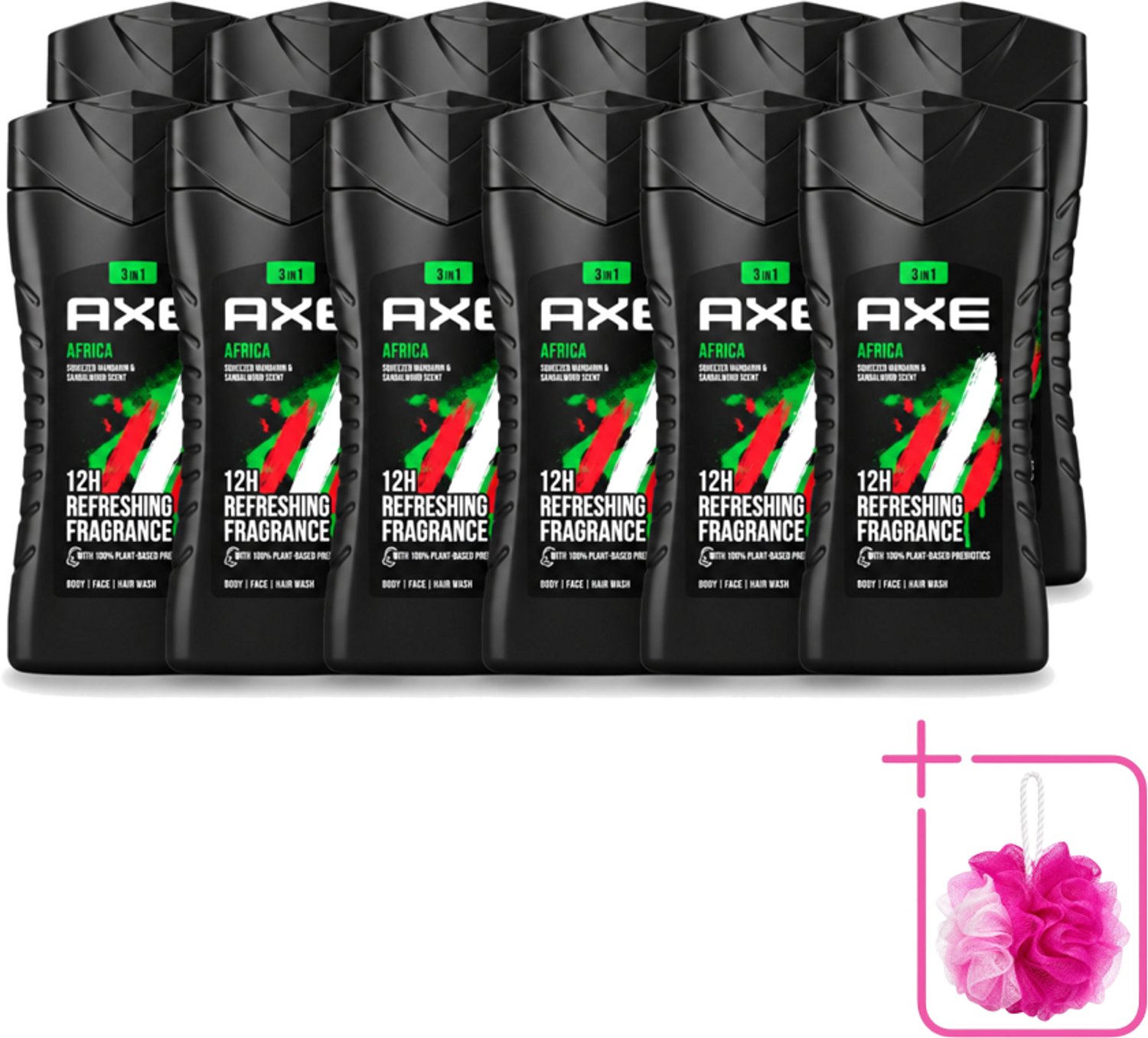 12 x Axe - 3-in-1 Douchegel - Africa - Squeezed Mandarin & Sandalwood - 100% Plantaardig - 250 ml - Bulkverpakking - Douchegel - Douchemop - Axa africa