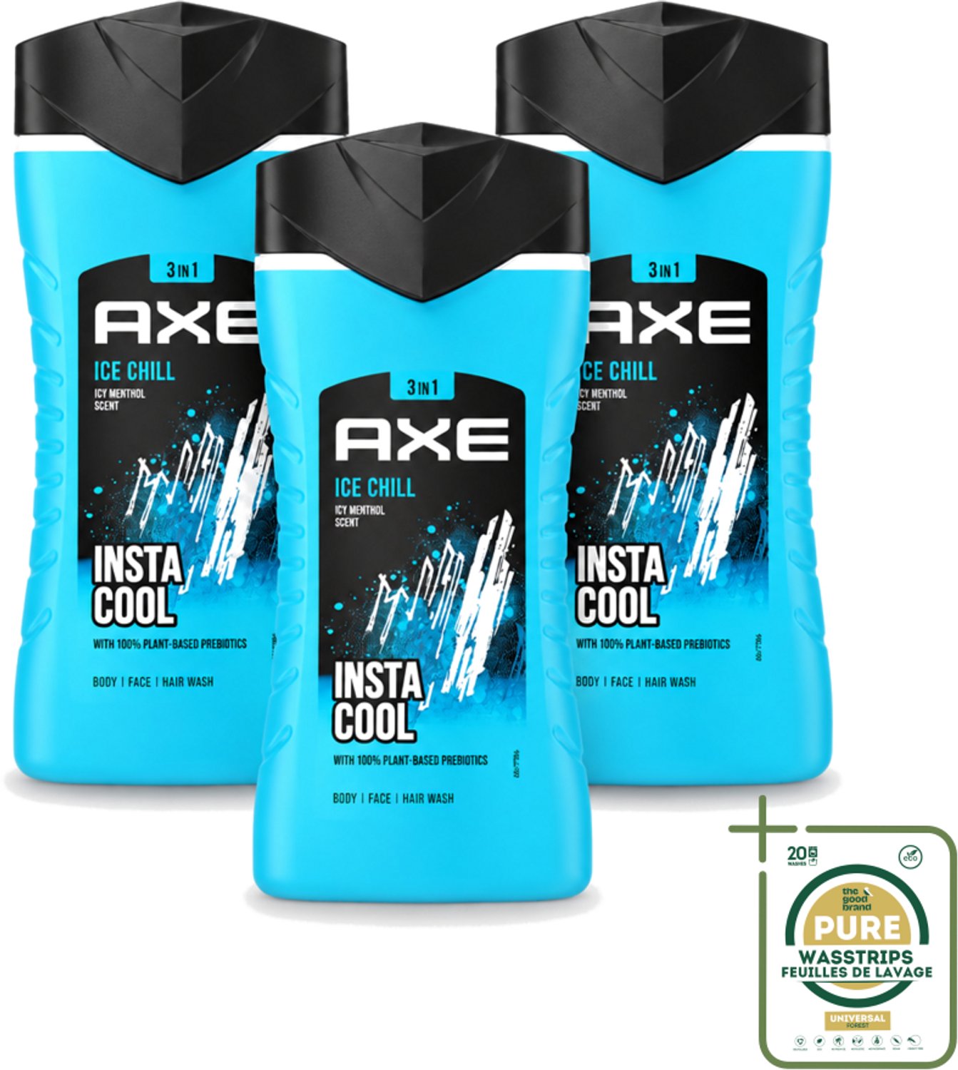 3 x Axe - 3-in-1 Douchegel - Ice Chill - Icy Menthol - Insta Cool - 100% Plantaardig - 150 ml - Wasstrips - 3-in-1 Douchegel - Douchegel Menthol - Douchegel Bevroren Munt - Douchegel Voor Gezicht En Haar - Douchegel 12 Uur Geur