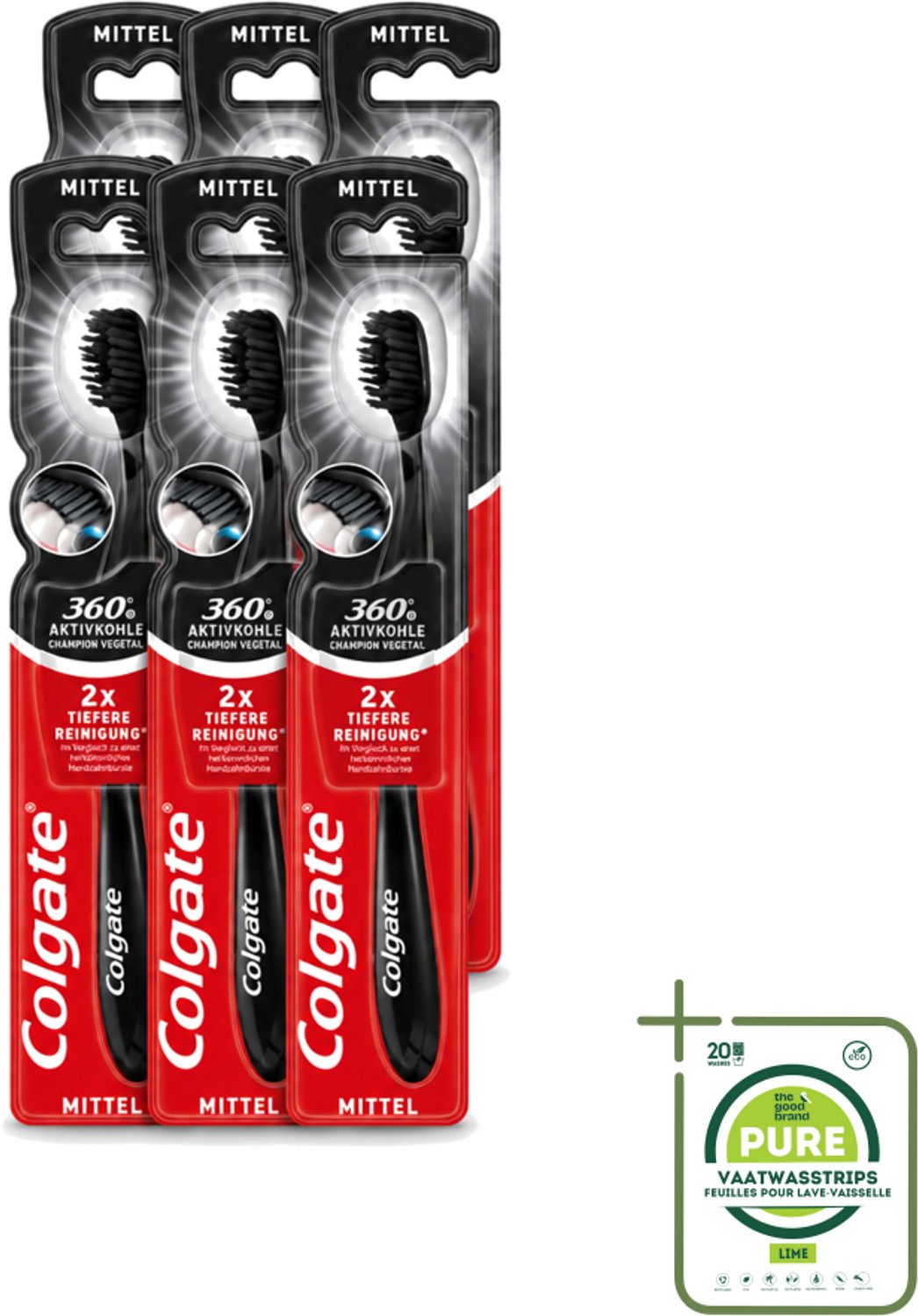 6 x Colgate - Tandenborstel - Charcoal Black 360 Medium - Zwart - 1 Tandenborstel - Grootverpakking - Vaatwasstrips - Tandenborstel Houtskool - Tandenborstel 360° - Mondverzorging - Tandenborstel Medium - Tandenborstel Zwart