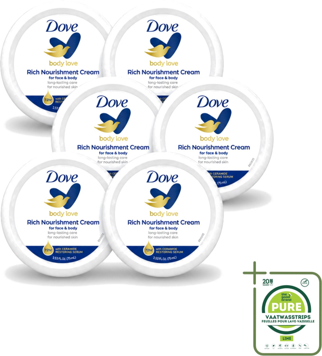 6 x Dove – Bodycrème – Rich Nourishment – 75 ml - Grootverpakking - Vaatwasstrips - Bodycrème - Hydratatie - Droge Huid - Voedende Crème - Huid Verzorging