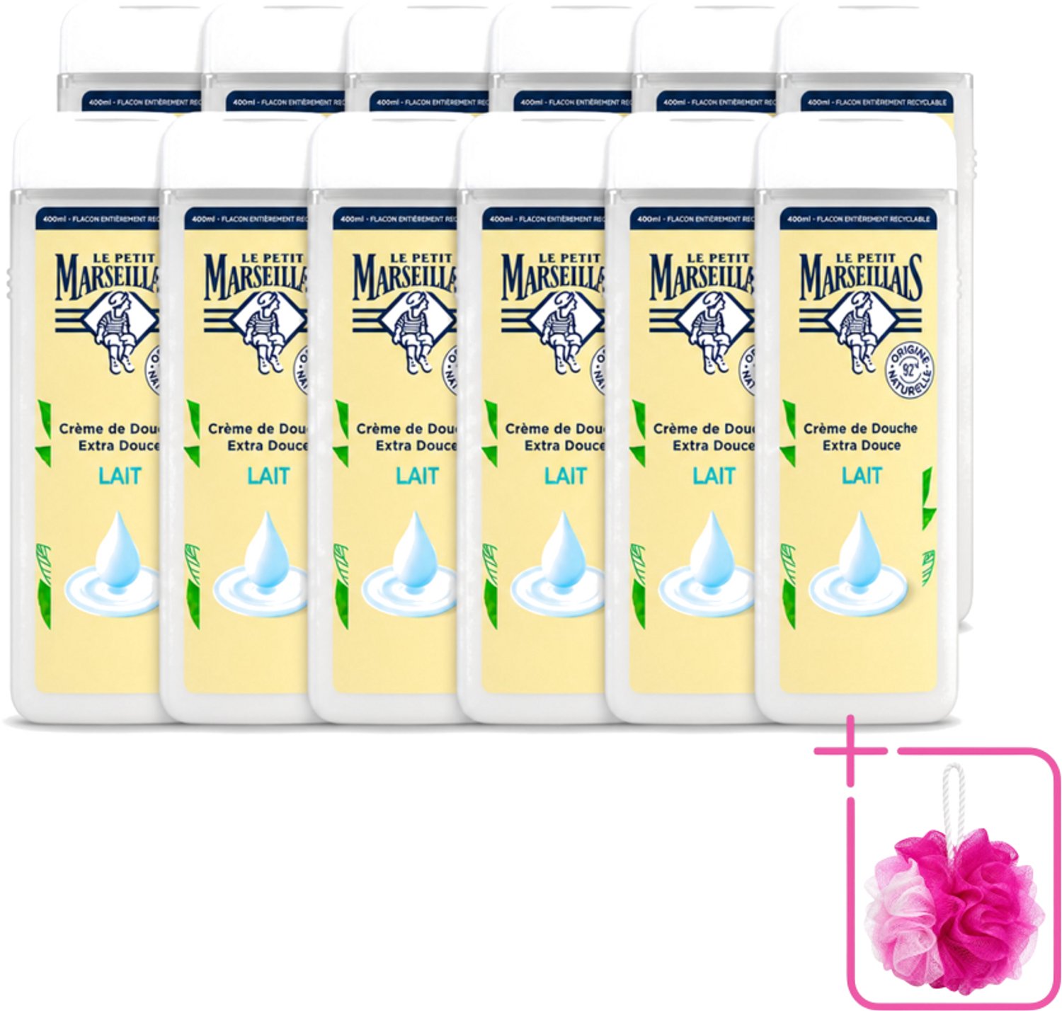 12 x Le Petit Marseillais – Douchecrème – Lait – 400 ml - Bulkverpakking - Douchecrème - Douchemop - Huid verzorging