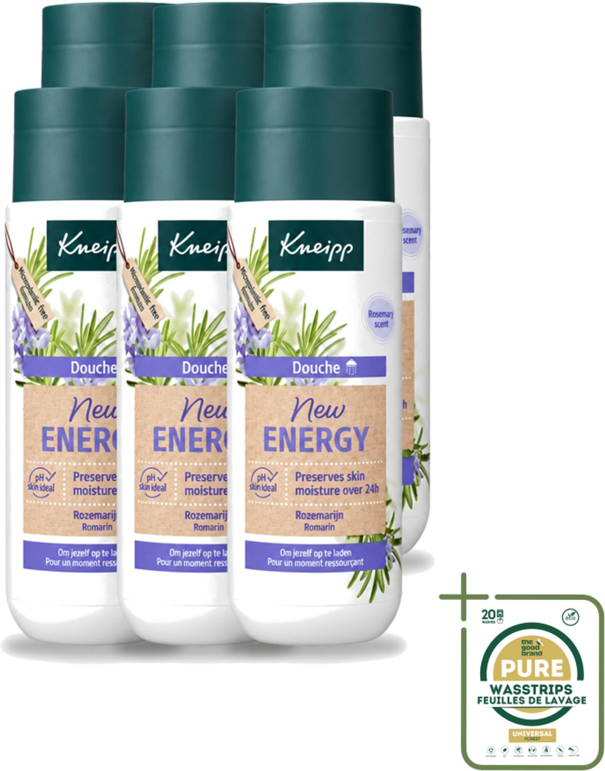 6 x Kneipp - Douchegel - New Energy - Energieke Geur - 200 ml - Wasstrips - Douchegel - Energie - Rozemarijn - Natuurlijke Geur - Hydraterend