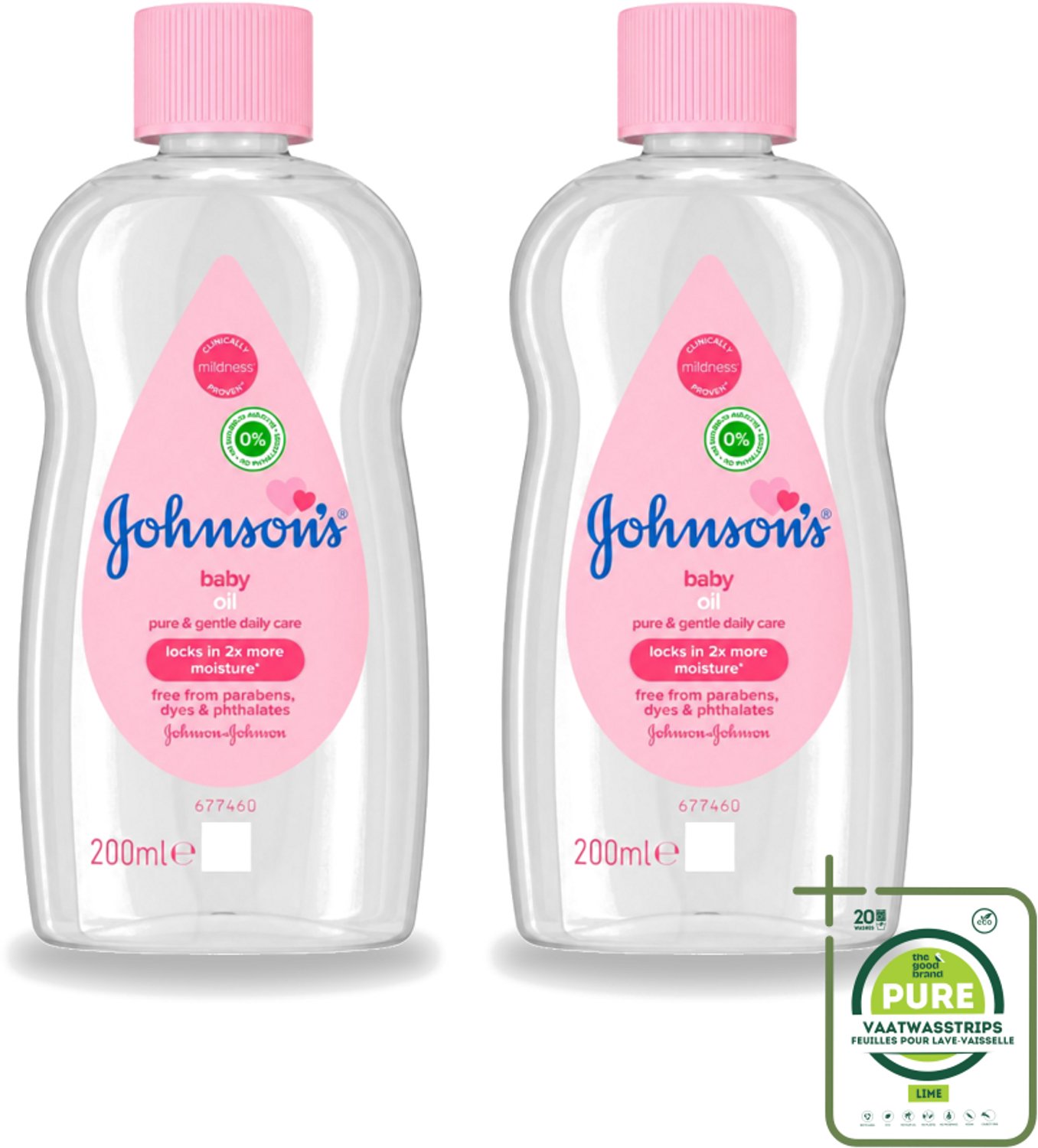 2 x Johnson's - Baby Olie - Puur & Zacht - 200 ml - Grootverpakking - Vaatwasstrips - Babyolie - Babyhuid Verzorging - Hydrateren - Zachte Huid - Baden