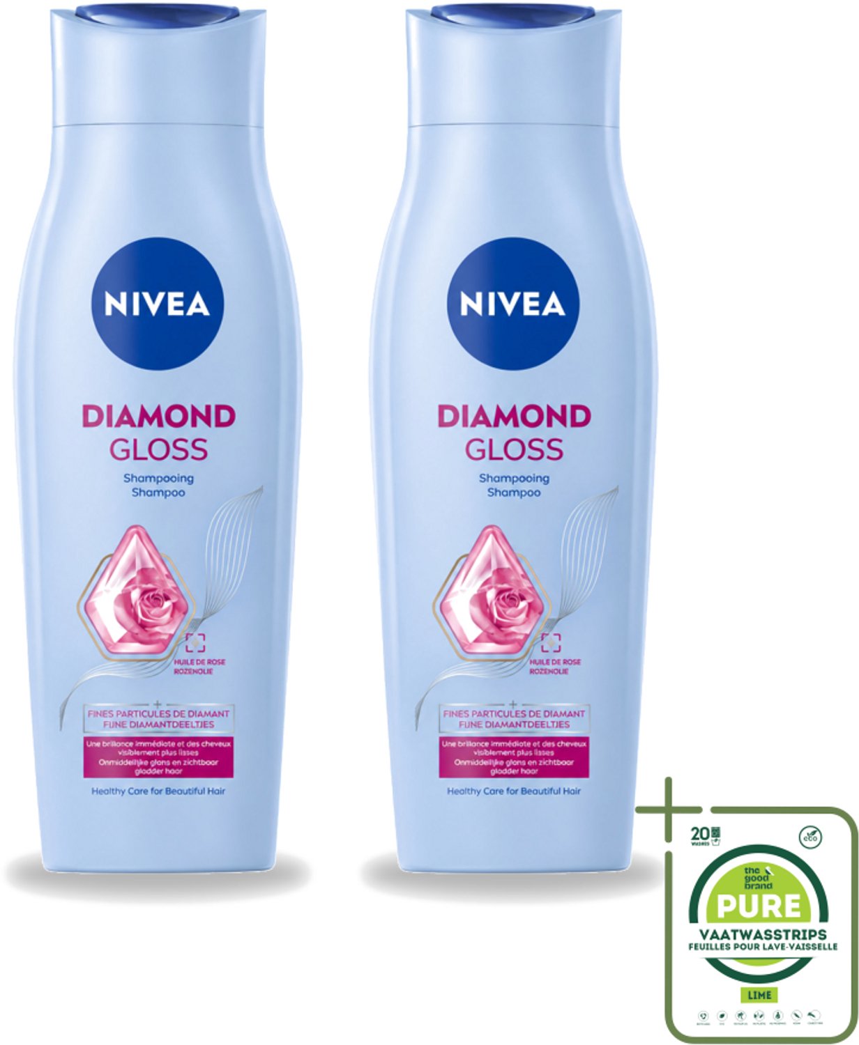 2 x Nivea - Shampoo - Diamond Gloss - 250 ml - Grootverpakking - Vaatwasstrips - Diamanten Glans - Haar Verzorging - Haar Glans - Haar Verzorging - Haar Sterkte