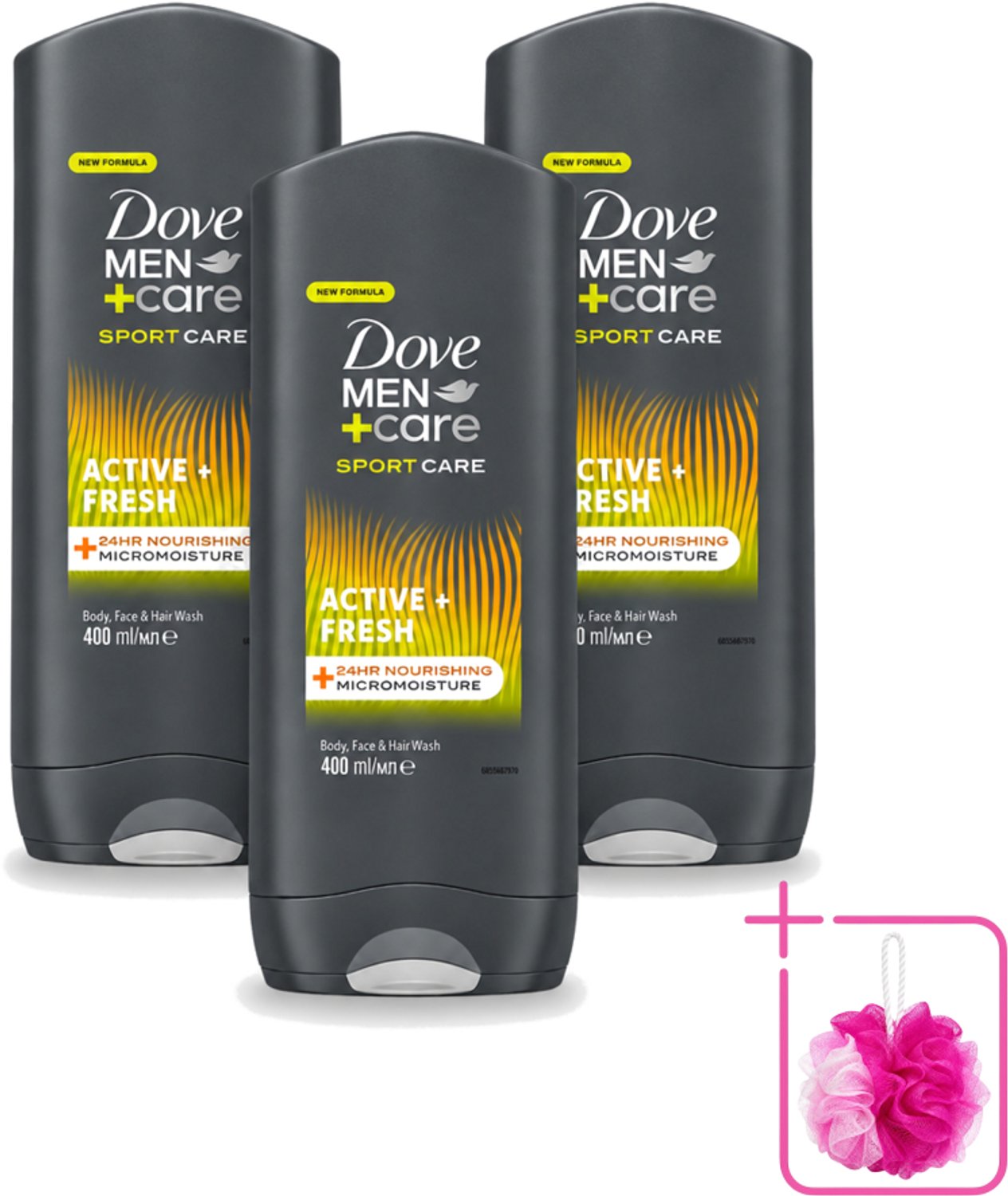 3 x Dove - Douchegel - Men+ Care Active Fresh - Verfrissend en langdurige bescherming - 400 ml - Bulkverpakking - Douchegel - Douchemop - Frisse geur