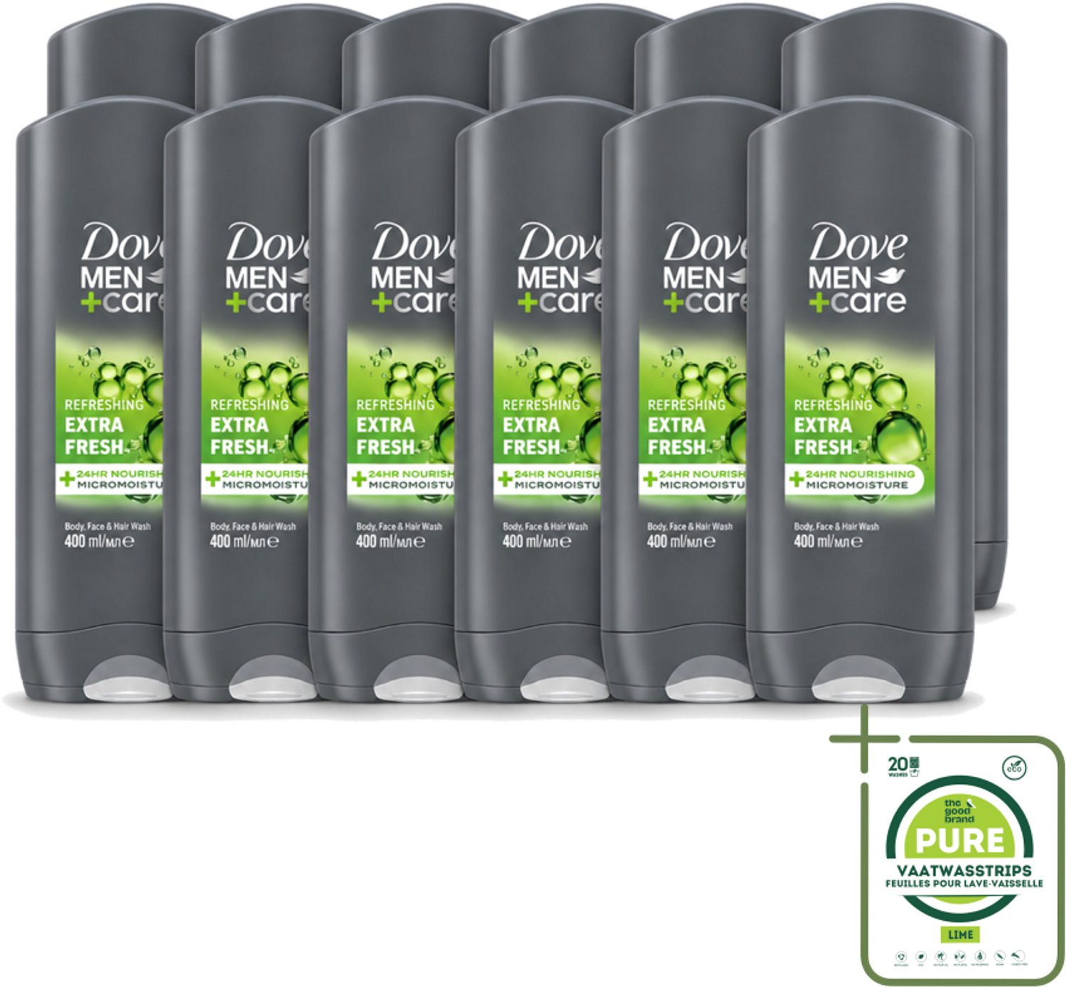 12 x Dove - Douchegel - Men+ Care Extra Fresh - Verfrissend - 400 ml - Grootverpakking - Vaatwasstrips - Douchegel - Mannelijke Geur - Reinigen - Huidverzorging - Fris Gevoel