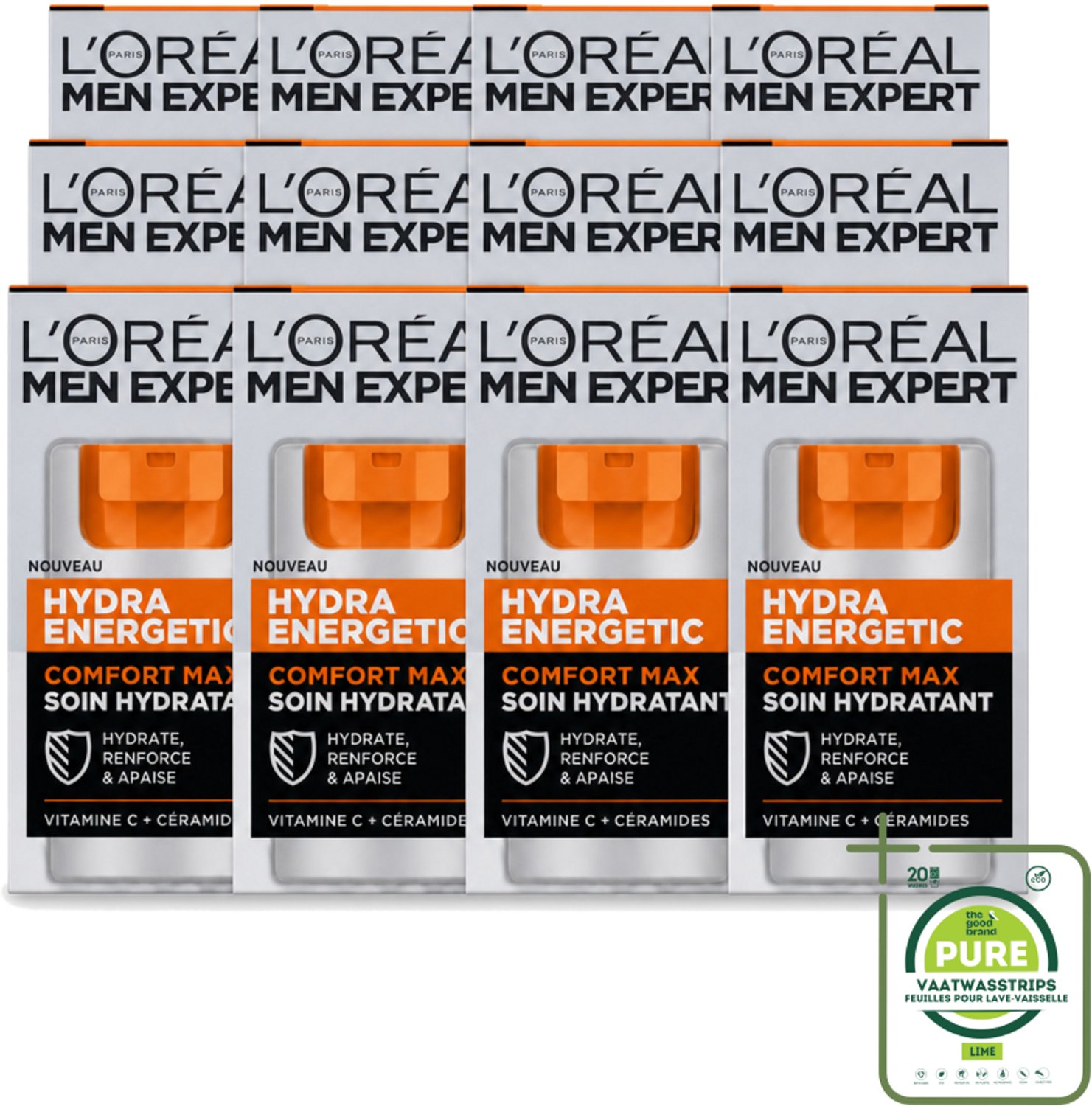12 x L'Oréal Paris Men Expert Hydra Energetic Comfort Max - Dagcrème - Hydraterend voor Droge Huid - 50 ml - Grootverpakking - Vaatwasstrips - Hydra Crème - Droge Huid - Vermoeidheid - Gezichtscreme - Energie
